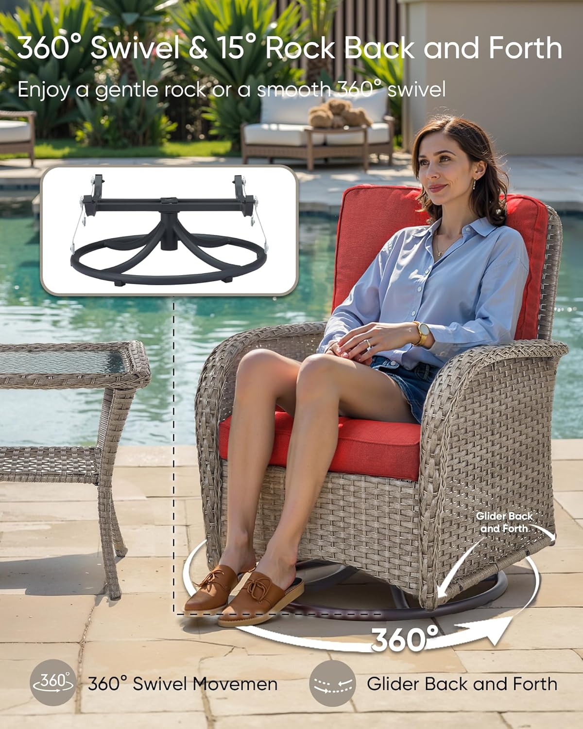 HUMMUH Patio Furniture Wicker Outdoor Furniture Sets High Back Outdoor Glider Bench with Patio Swivel Chairs Patio Conversation Sets for Deck Lawn Porch Balcony Poolside-Grey/Red