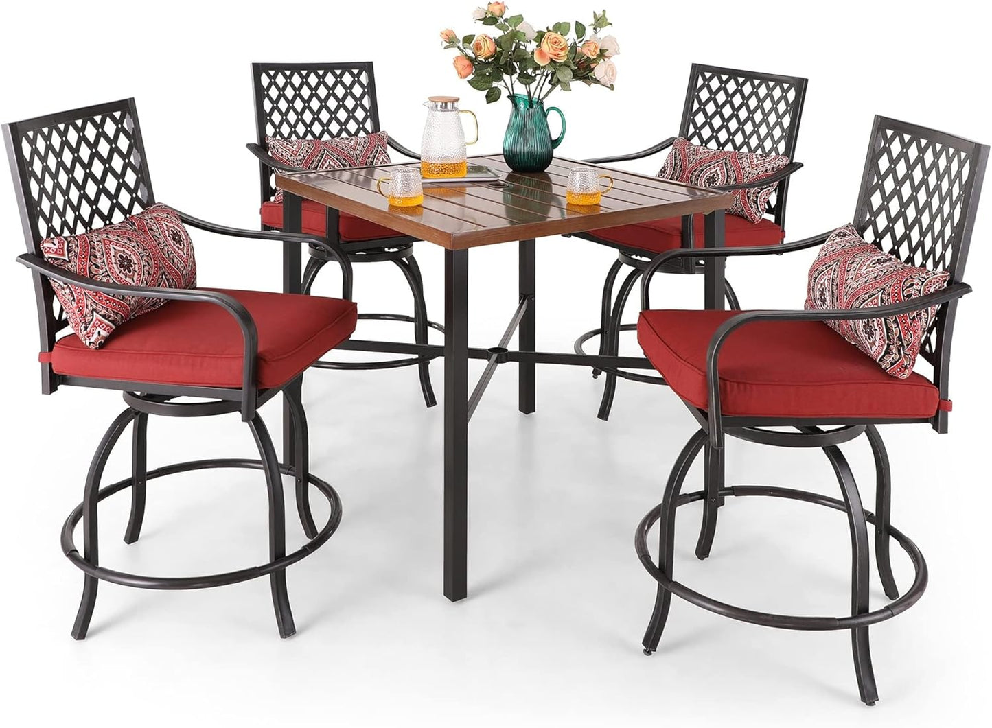 Sophia & William Outdoor Patio Bar Set 5 Piece High Dining Table and Chairs Furniture Set-4 Swivel Bar Stools with Red Cushion and 1 Square Bar Height Table with Hand-Painted Metal Top