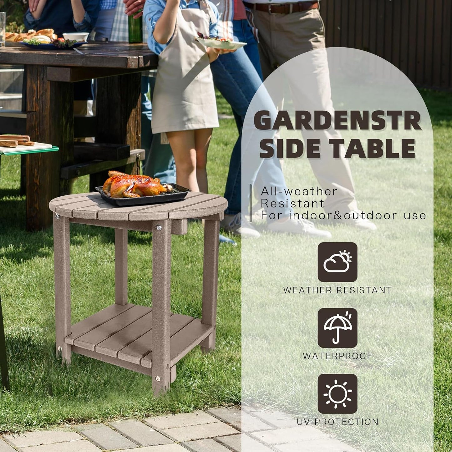 Adirondack Round Outdoor Side Table 2-Tier Storage Patio Side Table, HDPE End Tables for Backyard Pool Porch Garden Lawn (Teak)