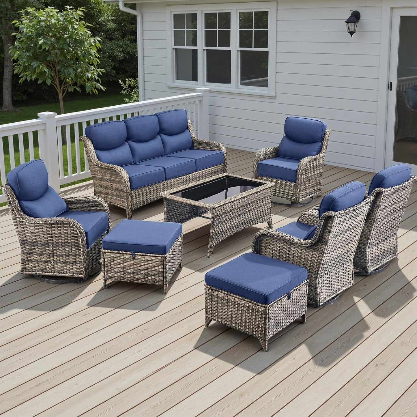 Wicker Outdoor Patio Furniture Set - 8 Piece Patio Conversation Sets with Swivel Rocker Chairs, Ottomans, Sofa and Coffee Table, 6 inch Cushions, Deep Seating, for Porch Deck Mixed Grey/Blue