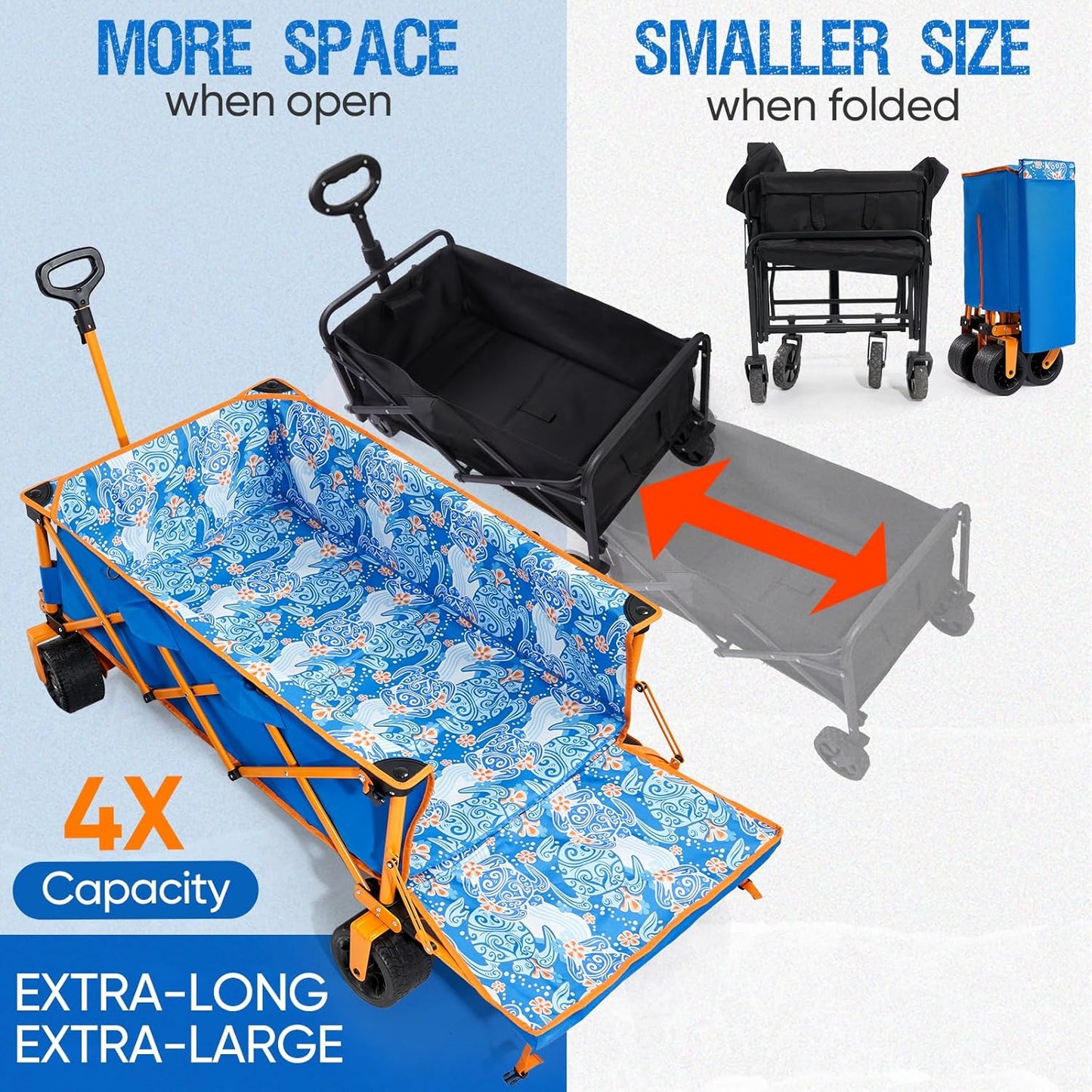 26"W Extra Wide 55"L Extra Long Beach Wagon with Tailgate,Heavy-Duty Utility Cart with 400 lbs Capacity, Compact Fold Design, Ideal for Beach, Camping, Groceries, and Outdoor Adventures