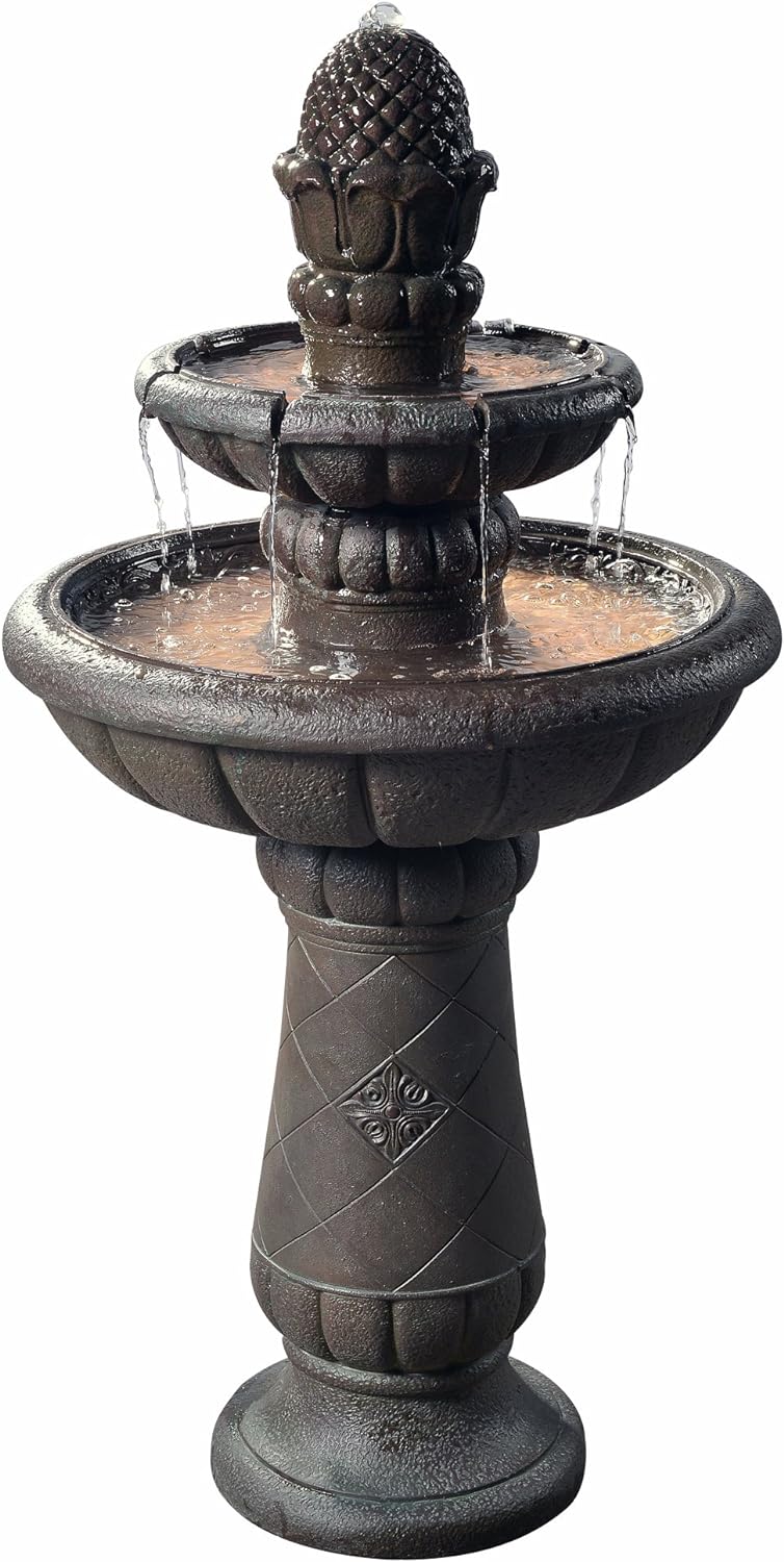 Teamson Home Deluxe Pineapple Pedestal 2 Tiered Floor Waterfall Fountain with Pump for Outdoor Patio Garden Backyard Decking, 39 Inch Height, Iron Gray