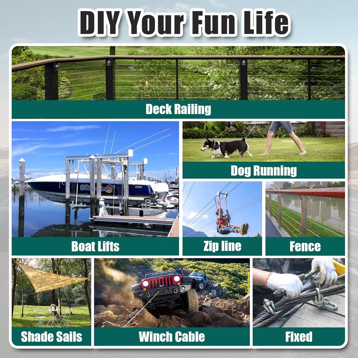 1/4" Stainless Steel Cable 300FT Wire Rope, 7X19 Strands Aircraft Cable, 6400lbs Breaking Strength, for Zipline, Outdoor, Deck Railing, Heavy Duty Applications, Hanging