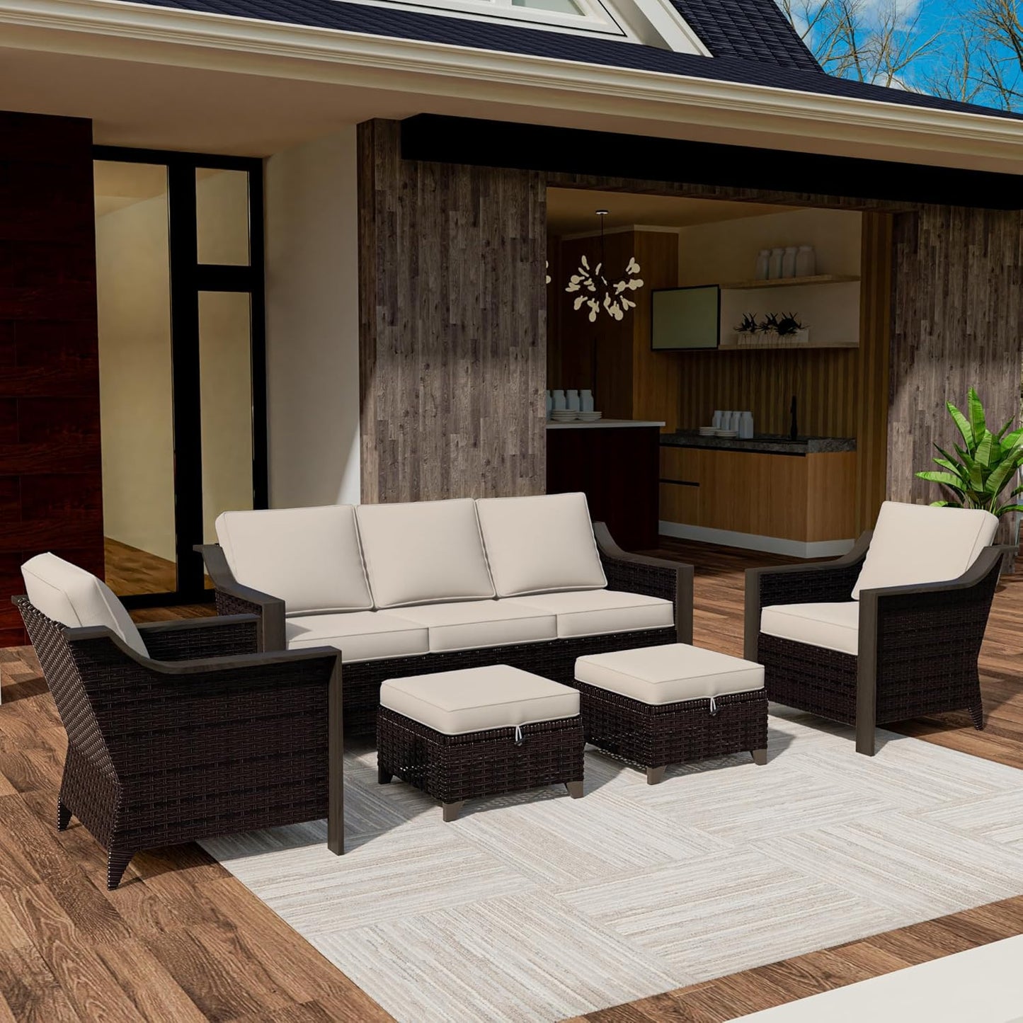 5 Piece Wicker Patio Conversation Set, All-Weather Use Outdoor 2 PE Rattan Chair, 2 Ottoman, 1 Patio Sofa, Removable Water-Resistant Cushion, Ideal for Porch, Backyard, Balcony, Poolside, Beige