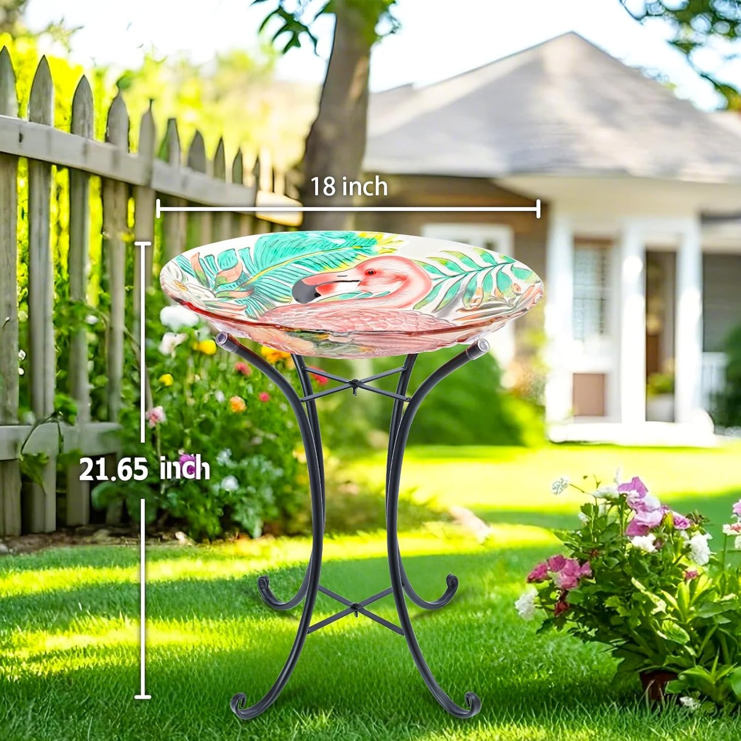 MUMTOP Outdoor Glass Birdbath with Metal Stand for Outside Yard Garden Decor, 18 inch Diameter Flamingo Bird Baths Bowl for Outdoors, 21.65 inch Height