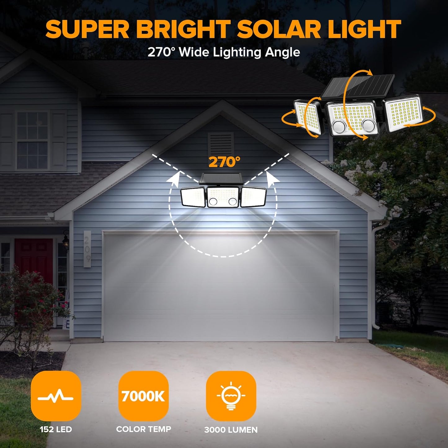 UME Solar Outdoor Lights 3000 Lumen 7000K, 152 LED Super Bright Motion Sensor Outdoor Lights with 2 Sensors, IP65 Waterproof 270 Wide Angle Solar Flood Lights with 3 Modes for Garden - 6 Pack