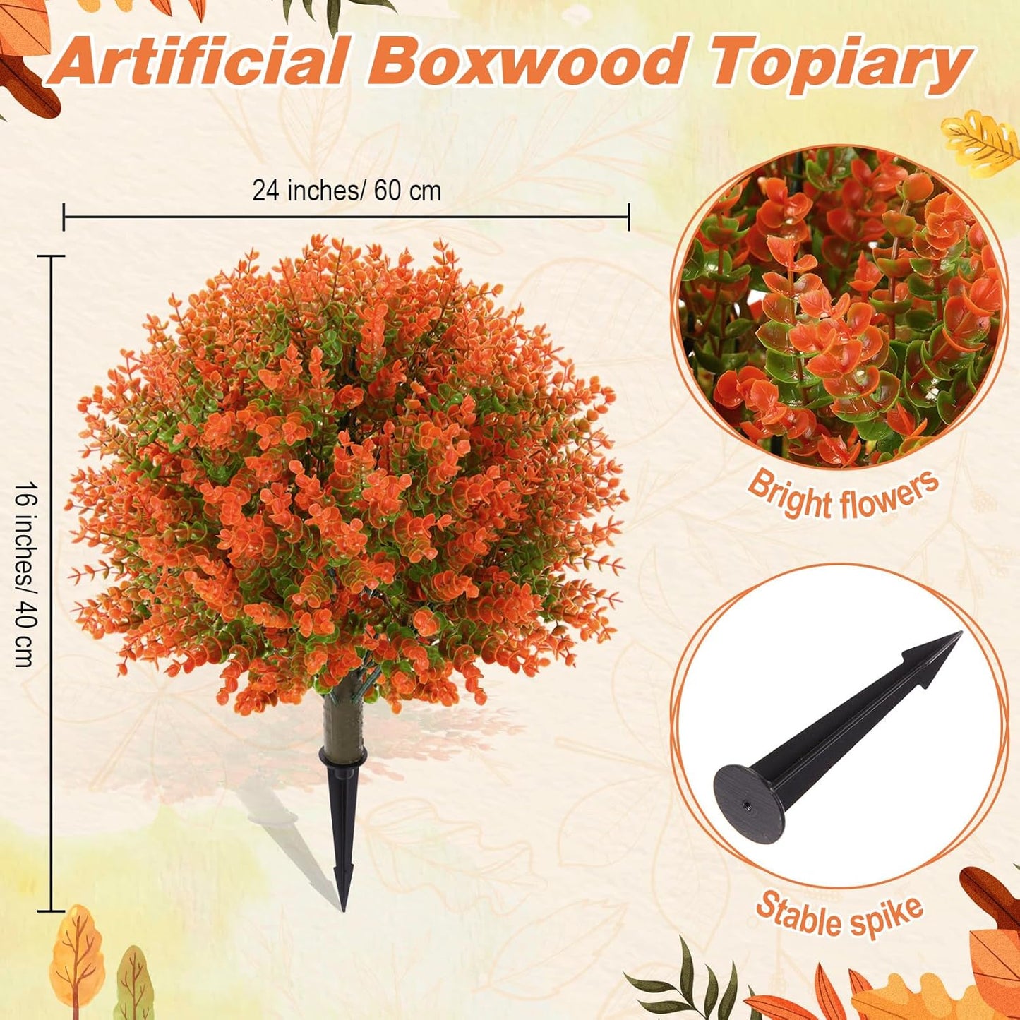 Yunlly 6 Pcs 18 Inch Fall Artificial Boxwood Ball Topiary Tree Outdoor Plants Bush, UV Resistance Faux Shrub with Spike Fall Porch Decor for Indoor Garden Yard Porch Patio Decor (Orange)