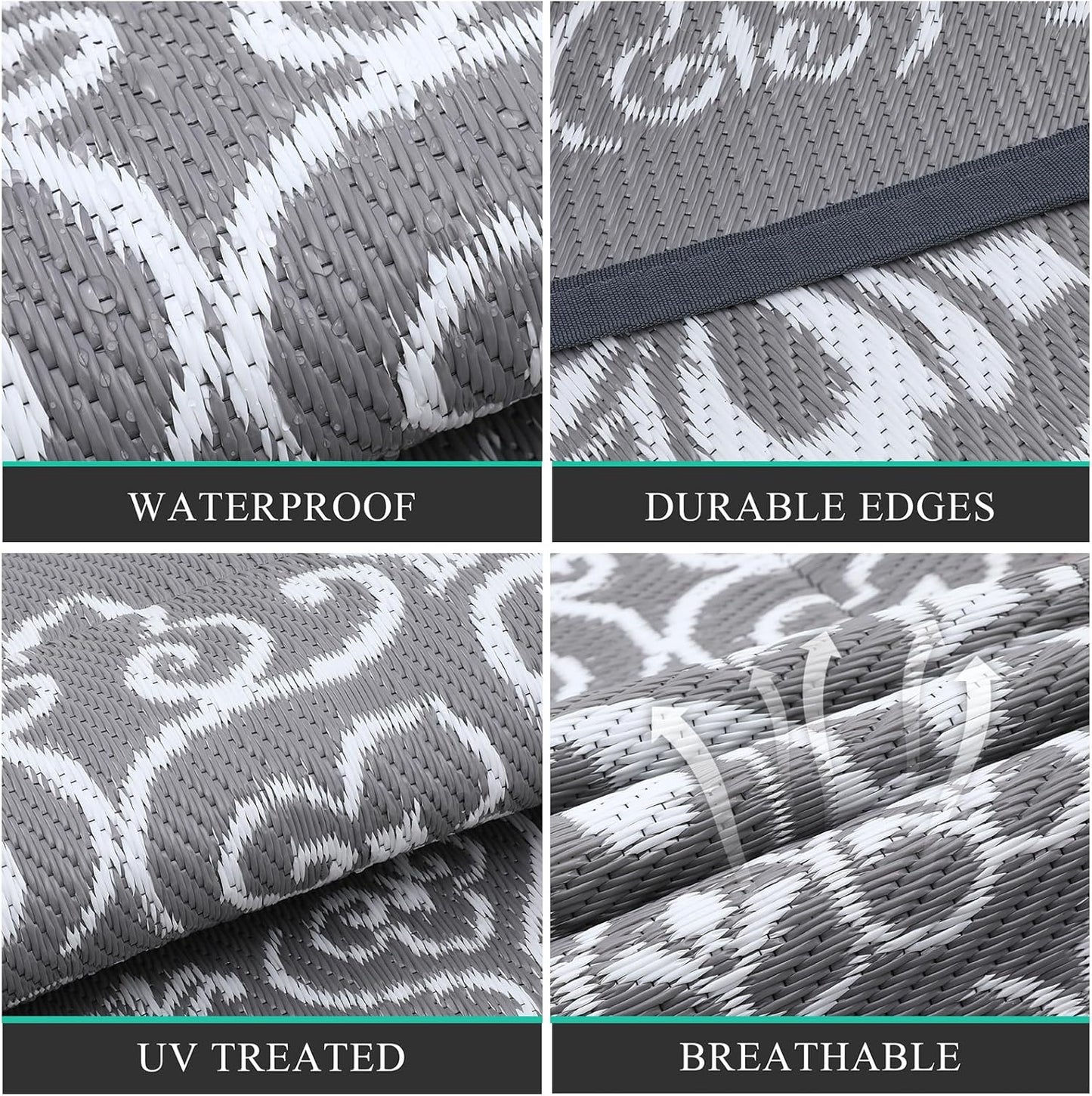 Pauwer Waterproof Outdoor Rug 6ft, Reversible Plastic Straw Patio Camping Rug, Indoor Outdoor RV Mat Carpet for Deck, Camper, Porch, Balcony, Backyard, Picnic, Floral Grey