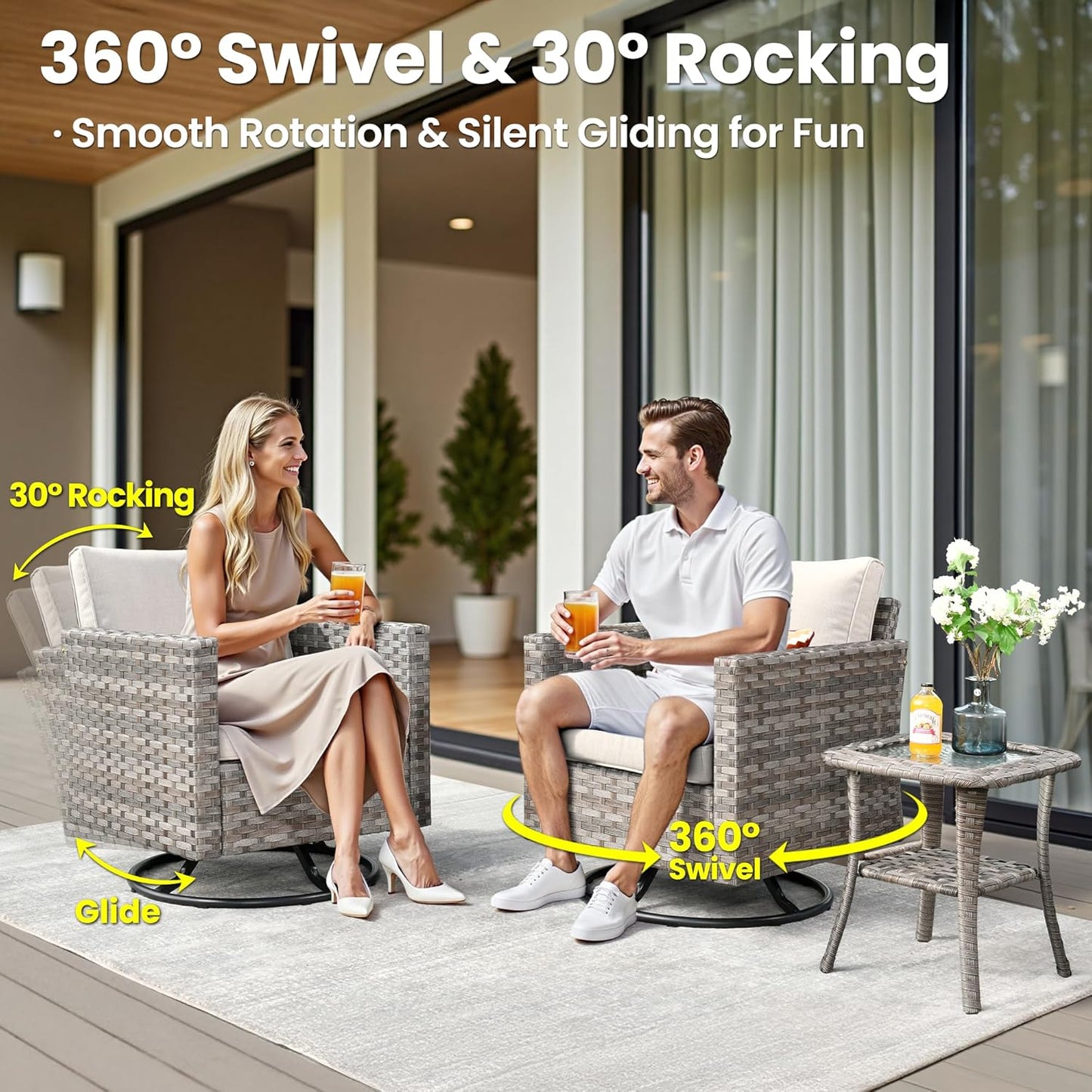 ovios 15 Pieces Patio Furniture Set, Outdoor Wicker Sectional Sofa with Swivel Chairs Coffee Table, Modern Modular Deep Seat Rattan Couch Conversation Sets, Beige