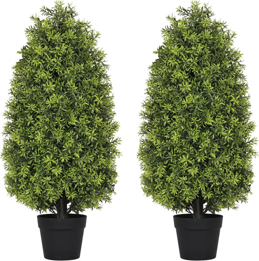 3ft Artificial Boxwood Topiary Trees (Set of 2) - UV Resistant Faux Plants for Outdoor/Indoor, Realistic 36in Fake Bushes and Shrubs for Front Porch, Planter, Patio - Low Maintenance & Evergreen