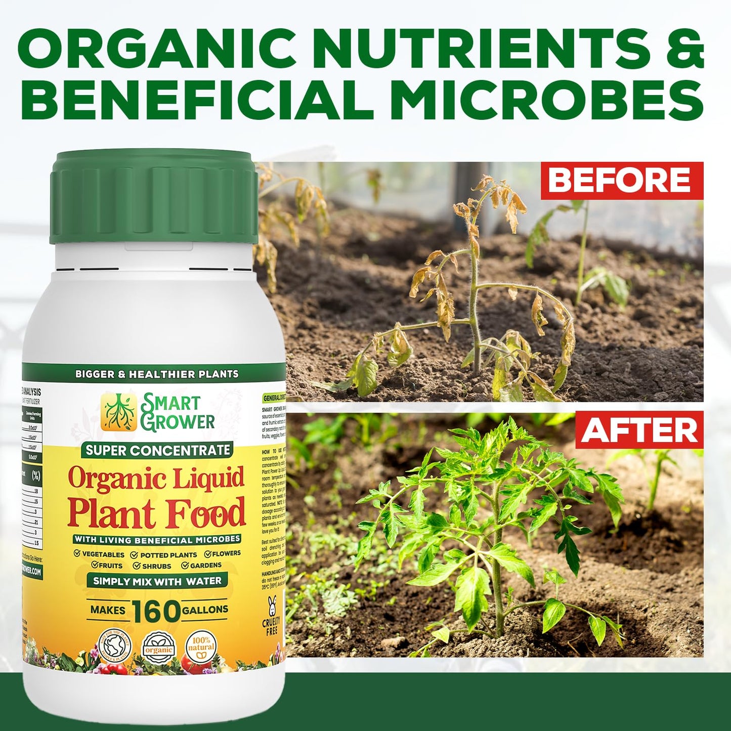 Organic Liquid Plant Food for Indoor Plants & Gardens, Natural NPK Fertilizer w/Beneficial Microbes, Rapid Results, Vegan, Best Value Super Concentrate, Smart Grower, Makes 160 Gallons (32 Fl Oz)