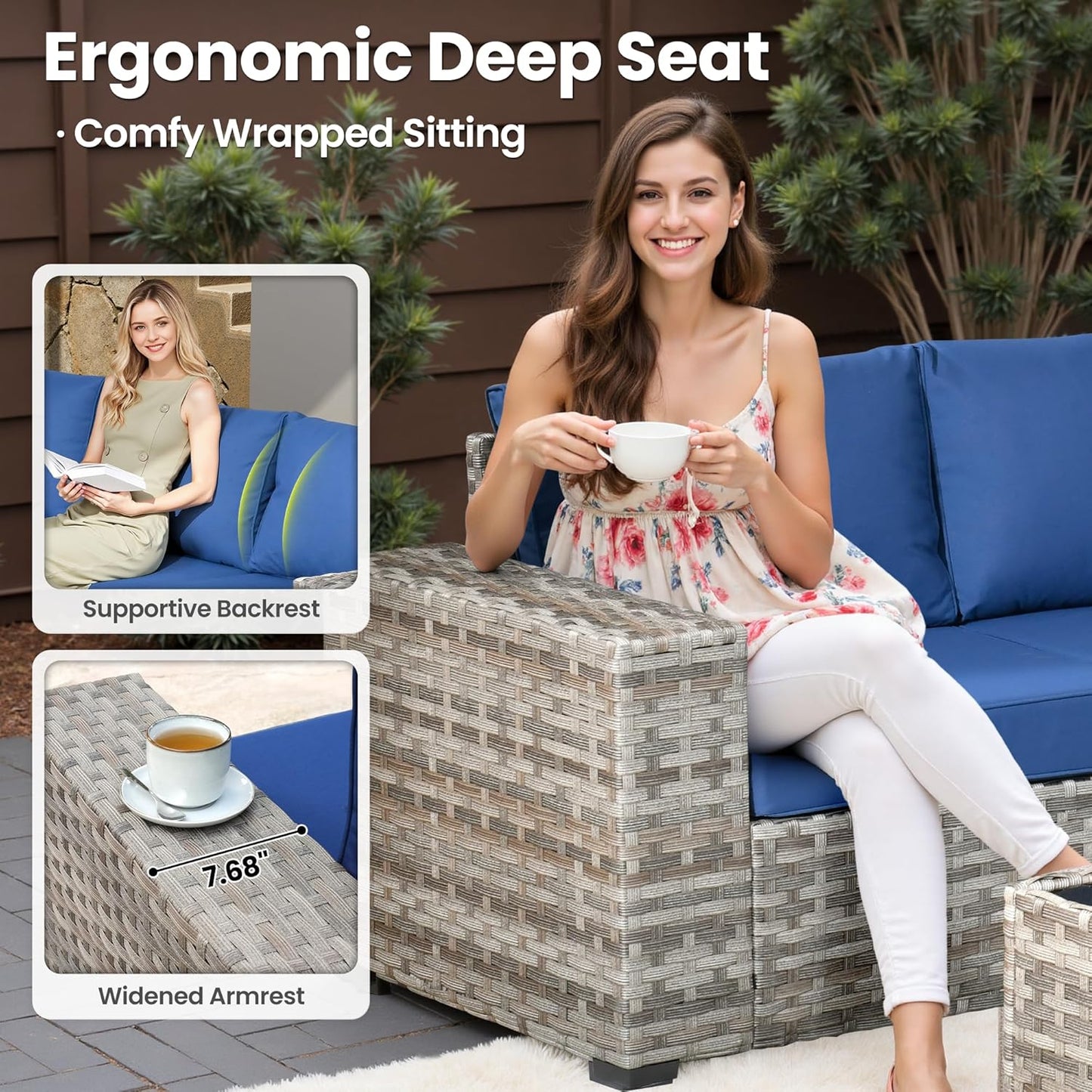 ovios 6 Pieces Patio Furniture Set, Outdoor Wicker Sectional Sofa with Glass Table Comfy Cushions, Modern Modular Deep Seat Couch Rattan Conversation Set, Navy Blue