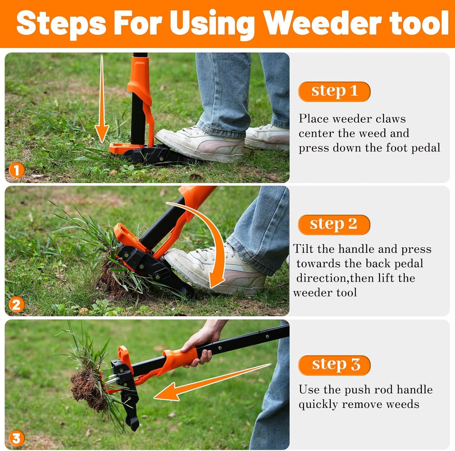 Weed Puller Tool, Stand Up Weed Puller Heavy Duty, Weeding Tool with 39" Ergonomic Long Handle and 4 Manganese Steel Claws, Easy Eject Mechanism, Weeding Without Bending, Pulling, or Kneeling