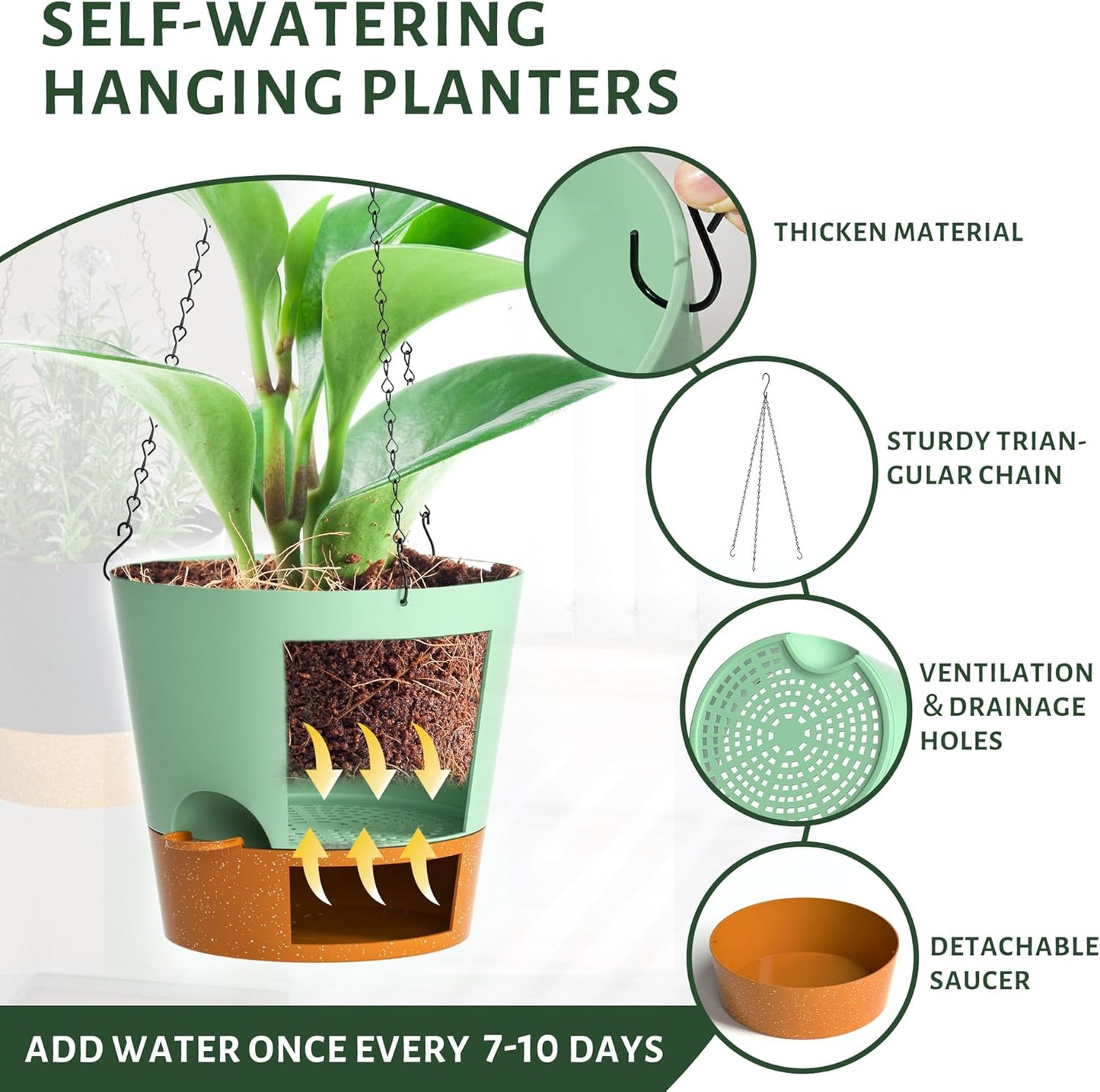 Hanging Planters for Indoor Outdoor Plants, 2 Pack Self Watering Hanging Pot with Drainage Holes and Plant Hangers, Hanging Baskets Flower Pots for Home Garden Decor (Green, 10 inch)
