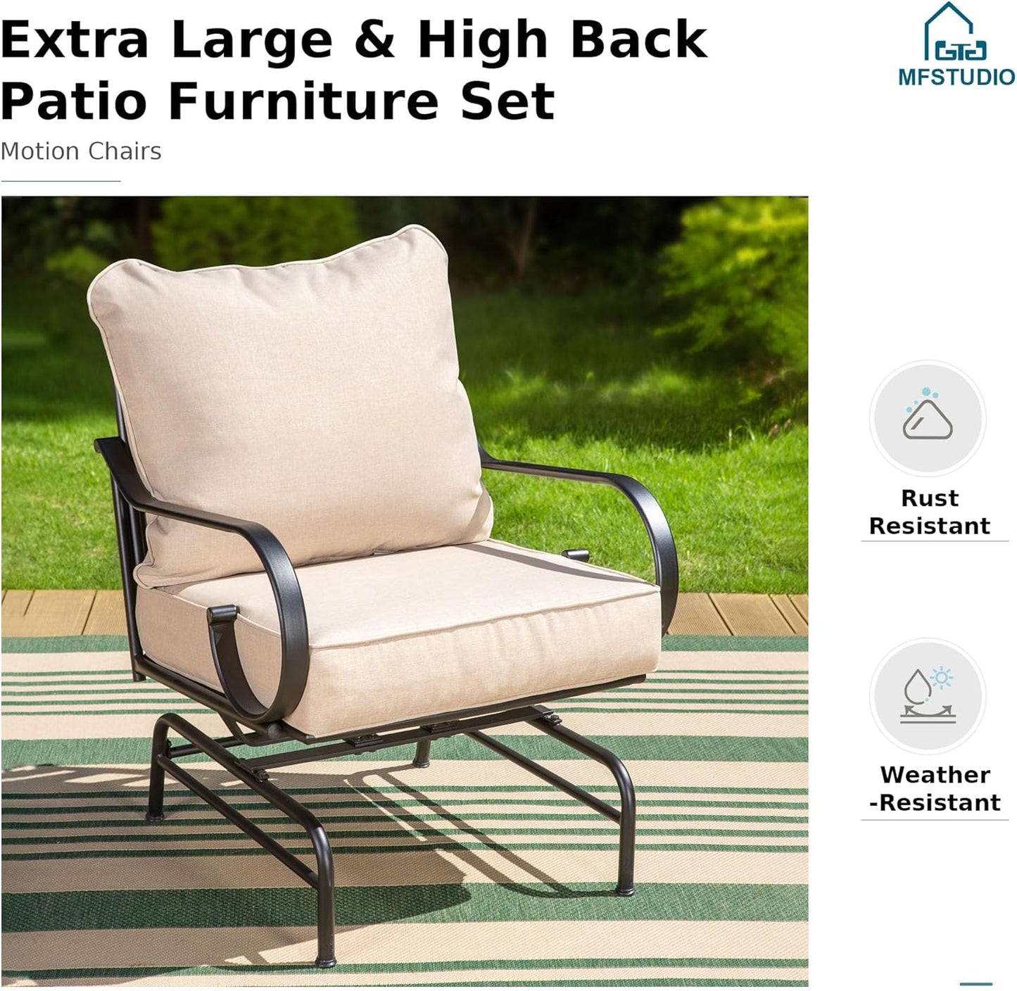 MFSTUDIO 7 Seats Large Metal Patio Conversation Sets, 6 Pieces Outdoor Furniture Sofa with 2 Motion Chairs, 2 Fixed Chairs, 1 Sofa(3-seat) and Table for Outside Balcony Backyard Poolside