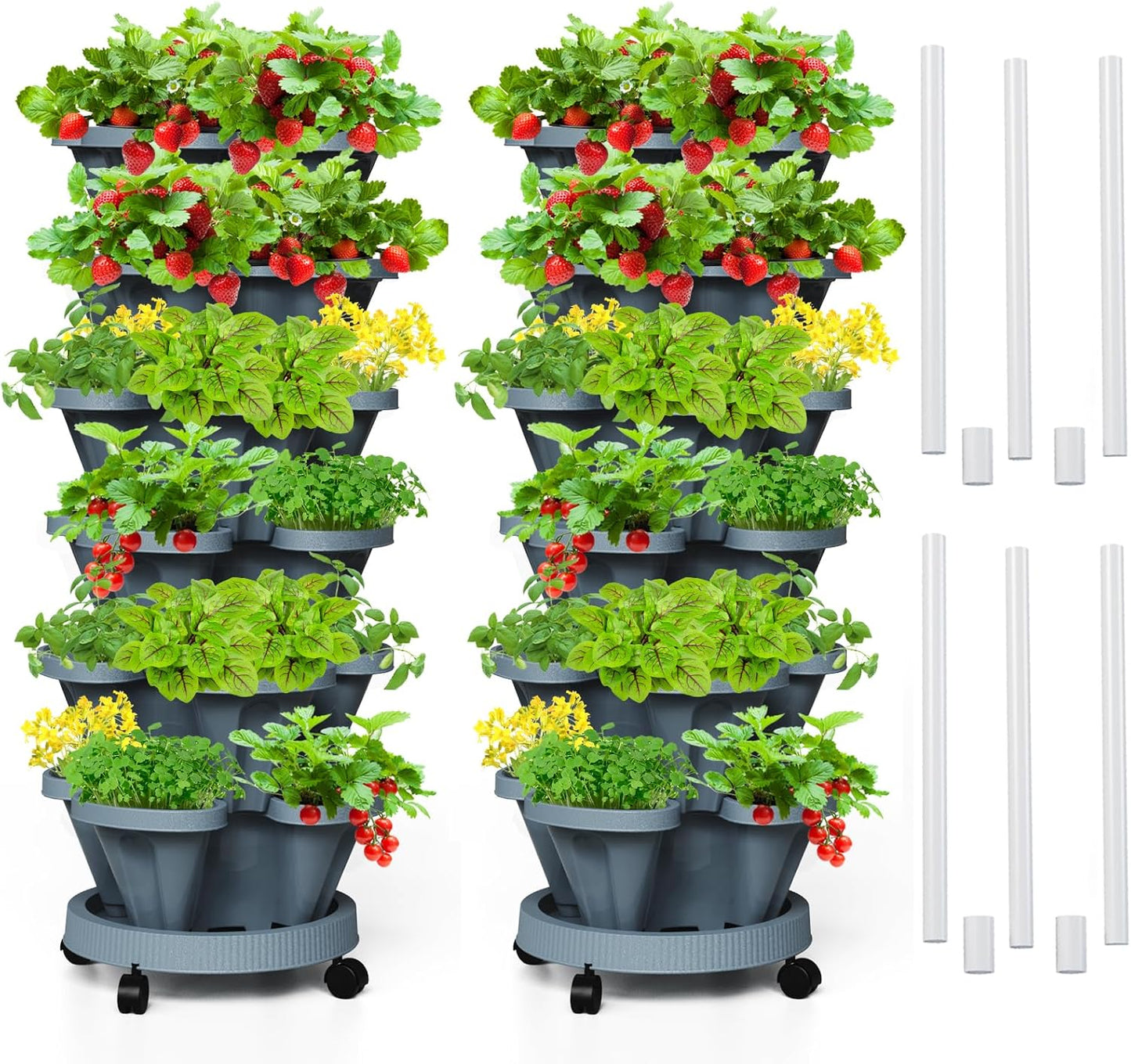 Strawberry Vertical Planter Tower Garden 2 Pack, 6 Tiered Stacking Planter with Support Pole, Stackable Herb Planter Indoor Outdoor Dark Grey