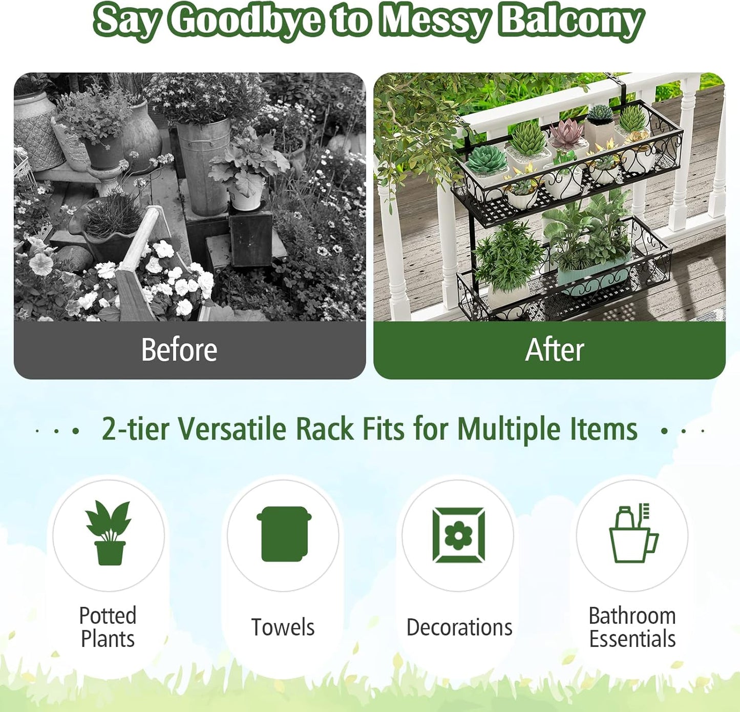 LDAILY 2-Tier Hanging Flower Rack, Hanging Flower Pot Holder w/Adjustable Hooks, Railing Basket Shelf Metal Potted Plant Container for Balcony, Porch & Fence, Easy Assembly, Black