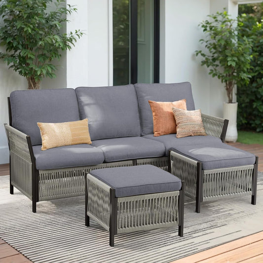 3 Pieces Patio Furniture Set, Outdoor Sectional Wicker Patio Couch with Ottoman & Washable Cushions All-Weather PE Rattan Patio 3-Seating Sofas for Garden, Porch, Backyard - Dark Grey