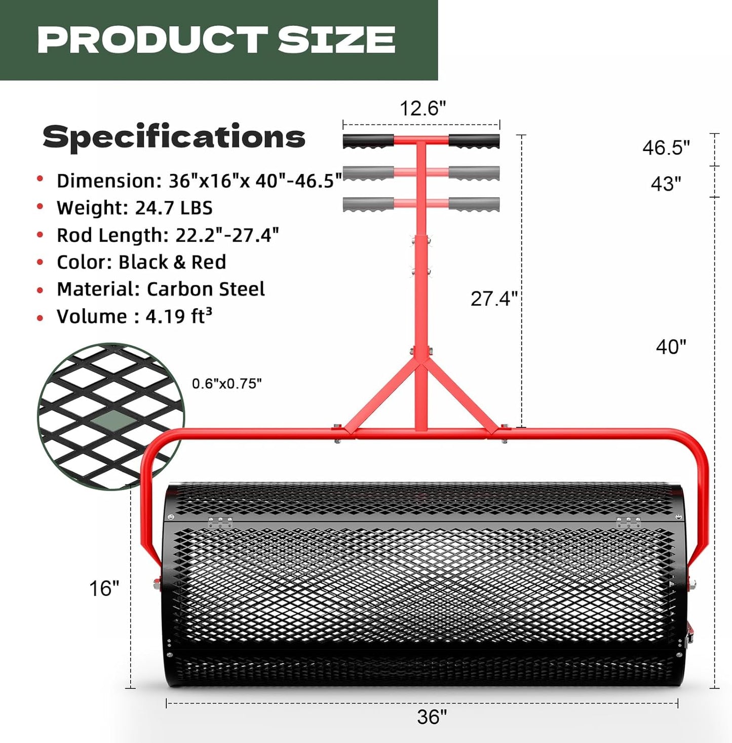 Compost Peat Moss Spreader for Lawn, 36 Inch Compost Roller Spreader with Adjustable T-Shaped Handle, Upgraded Side Clasps, Durable Lightweight Metal Roller, Lawn Garden Yard Care