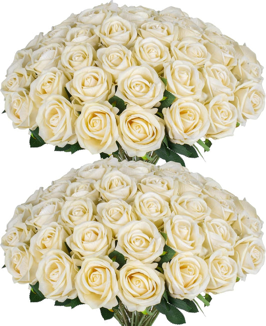 50 PCS Fake Champagne Roses, Artificial Flowers Bulk Realistic Silk Faux Rose with Stems for Wedding Decorations, Bridal Bouquets, Mother's Day Thanksgiving DIY Floral and Home Decor