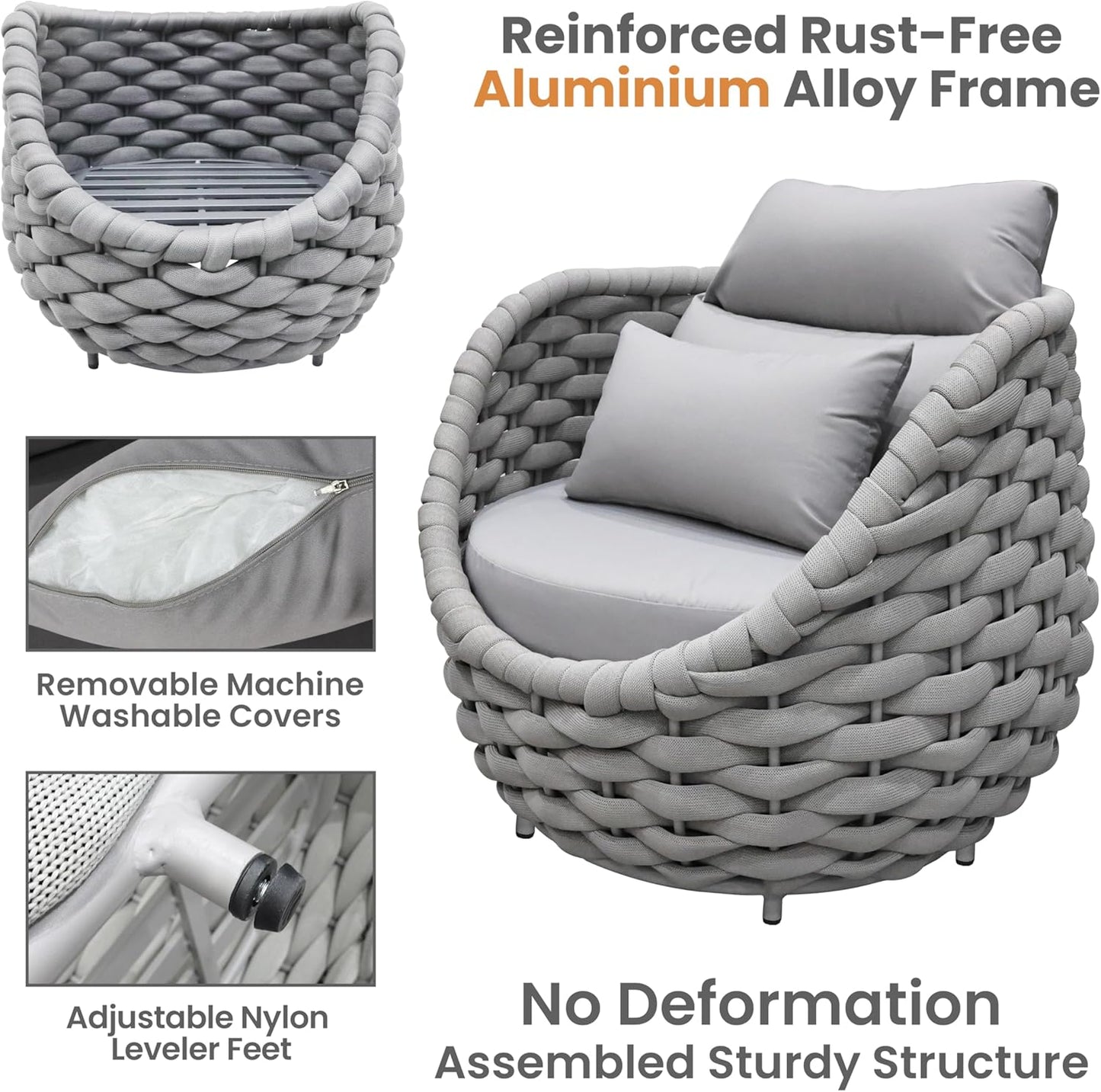 Aluminum Outdoor Patio Couch Set: 5 Pieces Woven Rope Porch Furniture Sofa Set - Metal Modern Deck Conversation Set - All Weather Assembled Courtyard Seating for Backyard Pool Hotel Resort, Grey