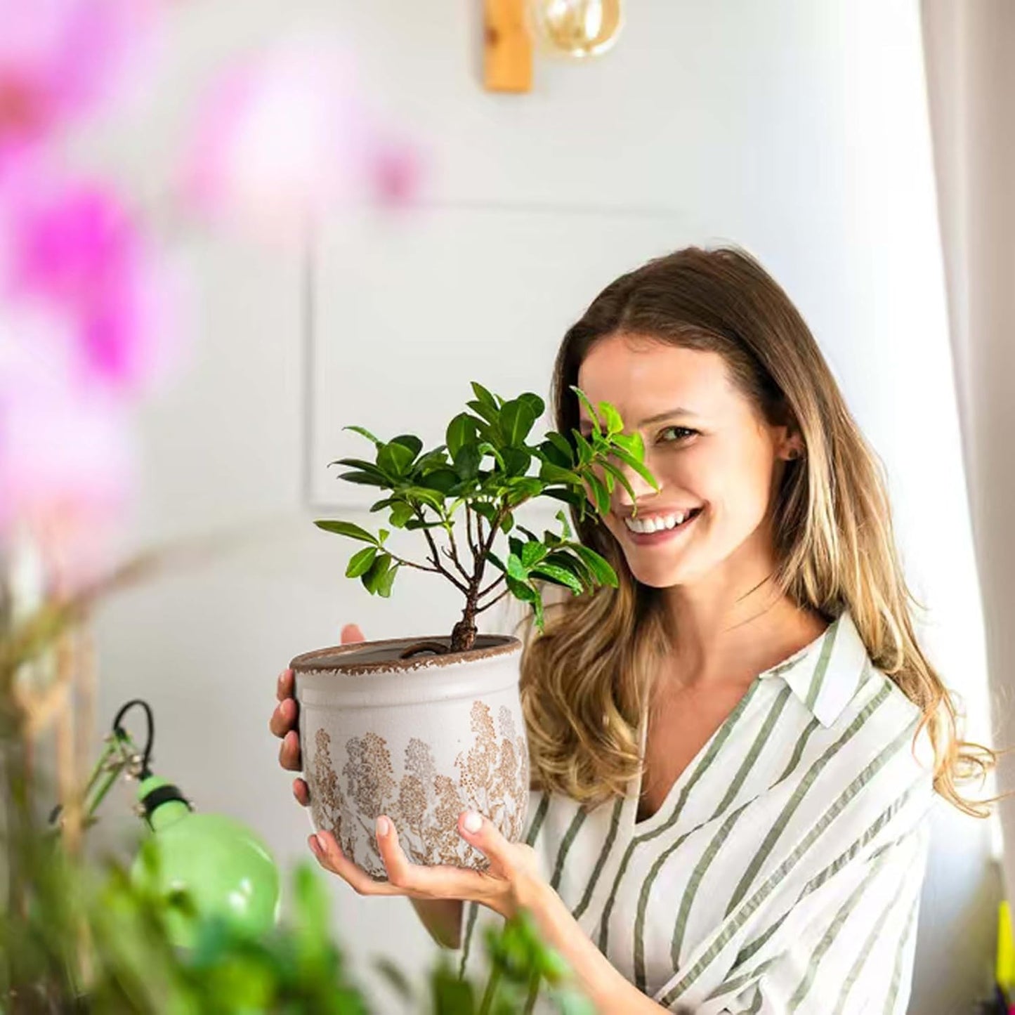 Vintage Pink and Green Ceramic Planter Set of 2, 4.7+5.7 Inch Rustic Flower Pots for Indoor Plants, Decorative Ceramic Plant Pots for Home, Living Room, Garden, Gardening Gift