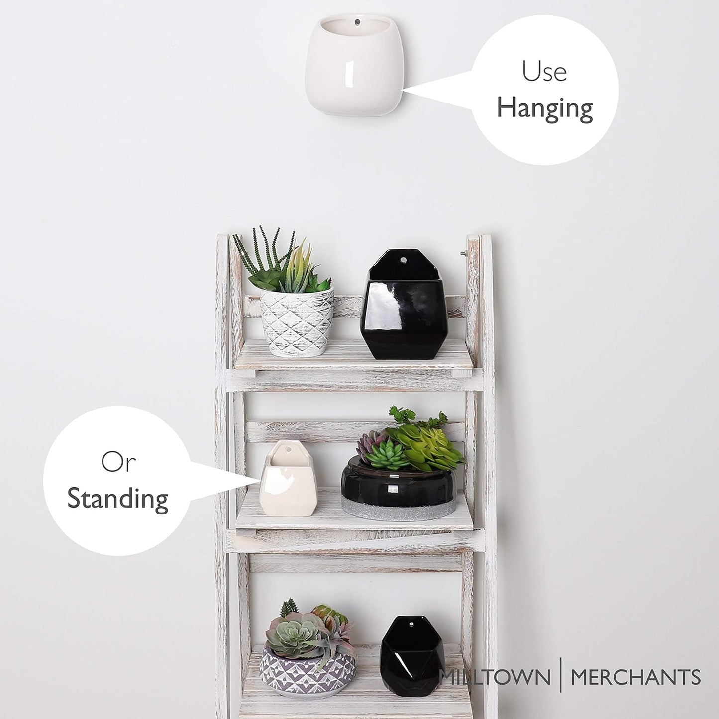 Milltown Merchants Succulent Wall Planters - Wall Vases - White Ceramic Wall Mounted Planters - Succulent Plant Pots - Hanging Vases for Living Wall (1 Pack/Modern/White)