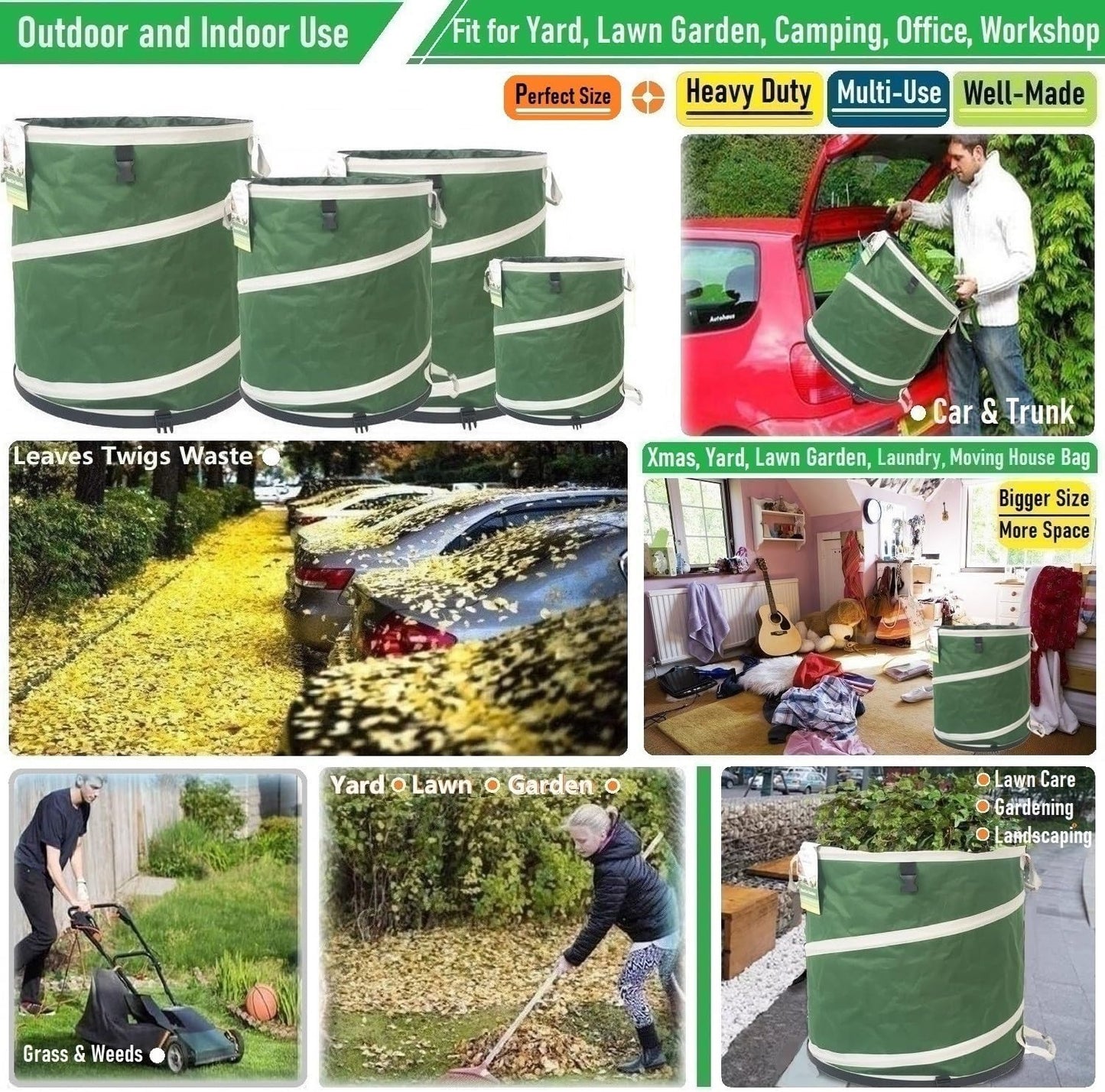 32-Gallon Collapsible Trash Can (19x25 in) Hard-Shell Bottom Yard Garden Bag for Pop-Up Recycling Bin,Yard Waste,Debris bag,Laundry Hamper,RV Camping Waste Bin,Lawn Grass,Leaf Bag,Sods,Weeds Barrel