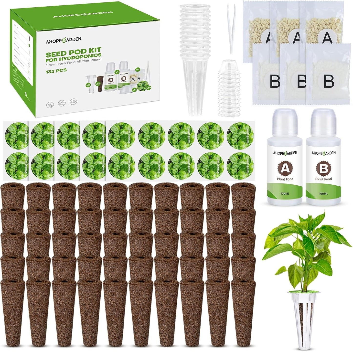 Ahopegarden 132pcs Hydroponic Pods Kit: Compatible with AeroGarden Herb Kits with 50 Grow Sponges, 50 Pods Lable, 12 Grow Baskets and Dome, 8 A&B Plant Food, Indoor Garden Kit Supplies for Most Brands
