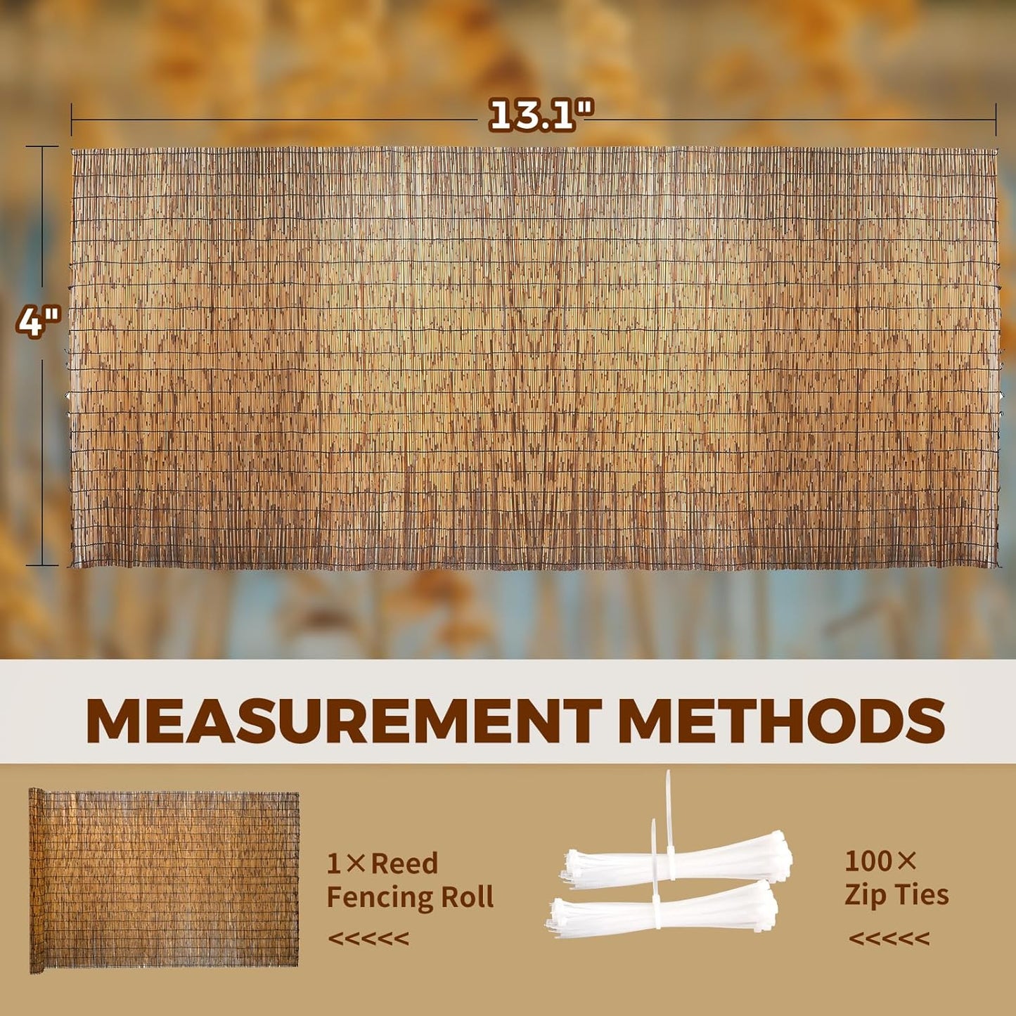 Natural Reed Fencing, Eco-Friendly Reed Fence, 4 feet High x 13.1 feet Long, Reed Screen for Backyard Patio Garden and More,Brown