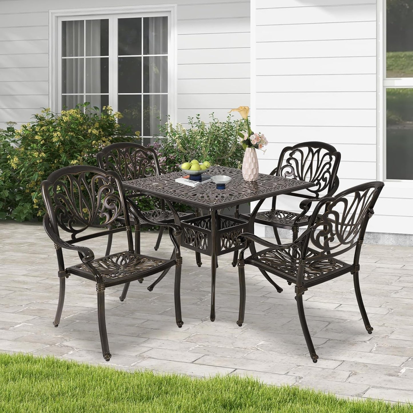 Cast Aluminum Outdoor Patio Dining Set, All Weather Outdoor Furniture Dining Set for Patio, Balcony, Lawn, Garden, Backyard (1 Square Table+ 4 Dining Chairs)