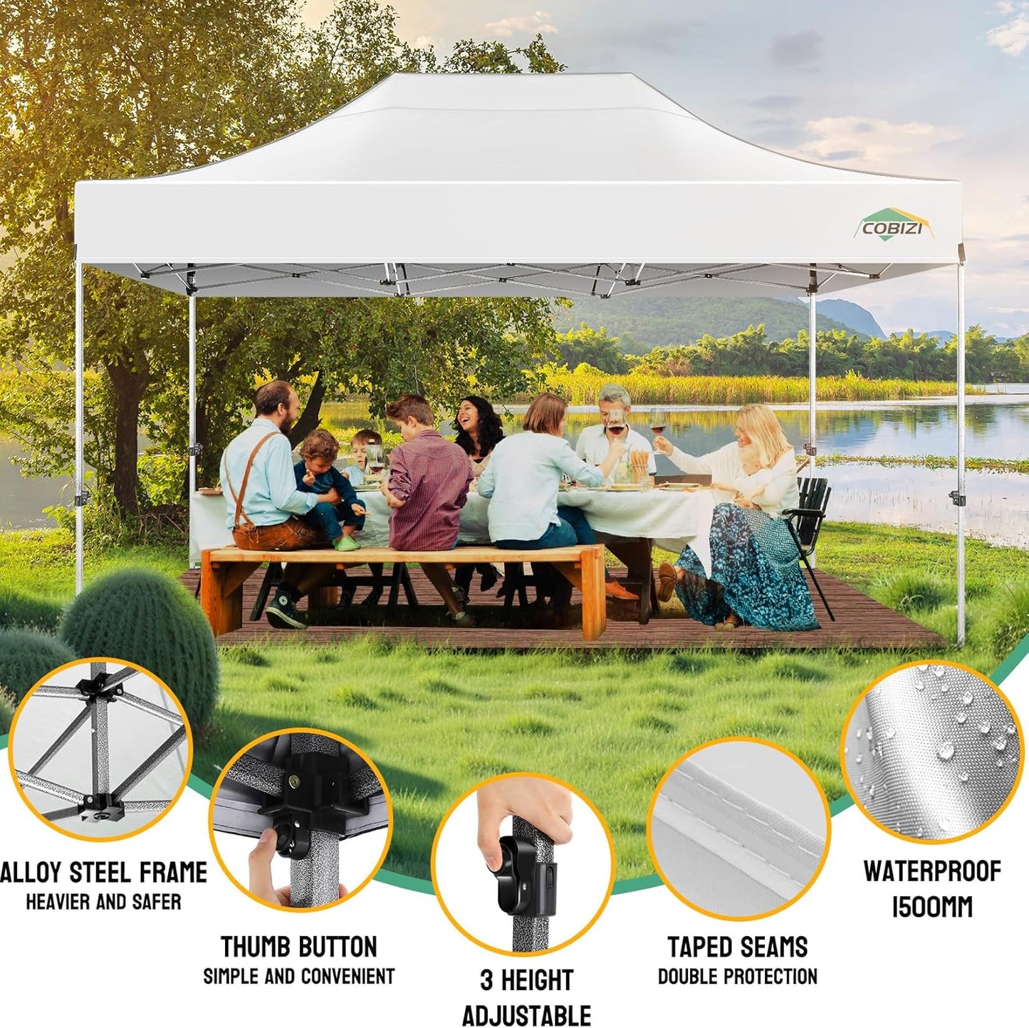 COBIZI 10x15 Pop up Canopy Heavy Duty with 4 Sidewalls, Easy Set-up Commercial Outdoor Party Canopy, 100% Waterproof Wedding Gazebo, 3 Height Adjustable with Handbag, White