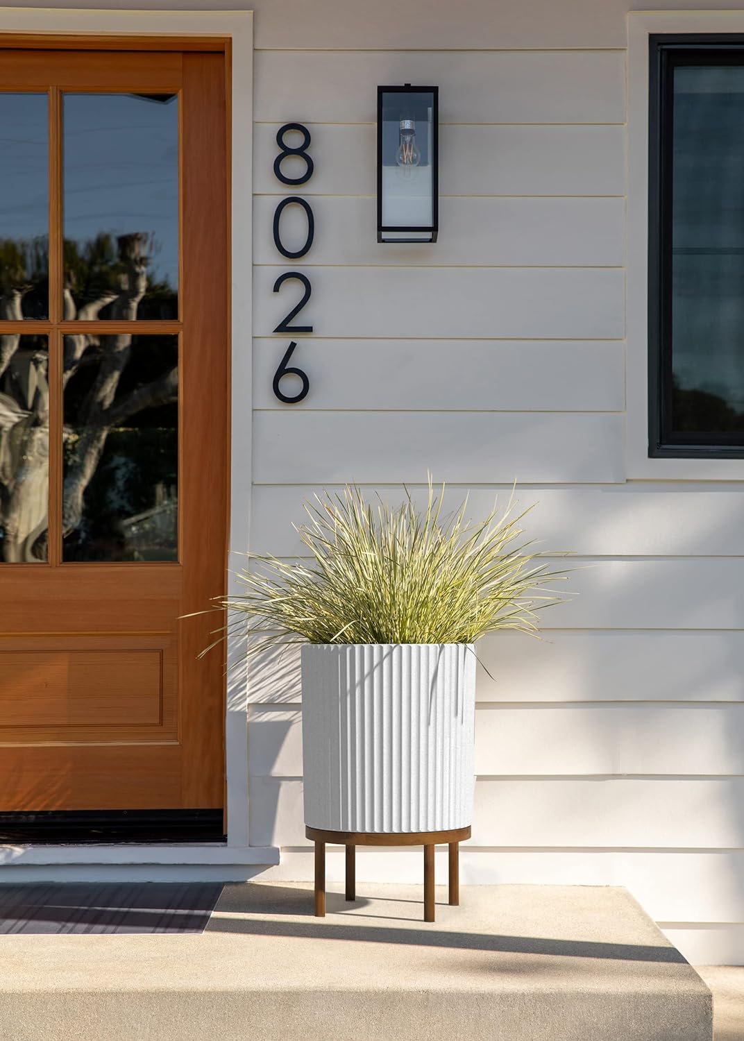 Veradek Demi Series Round Planter w/Stand for Porch/Patio | Durable Plastic-Stone Composite & Wooden Stand | Modern Décor for Tall Plants, Flowers