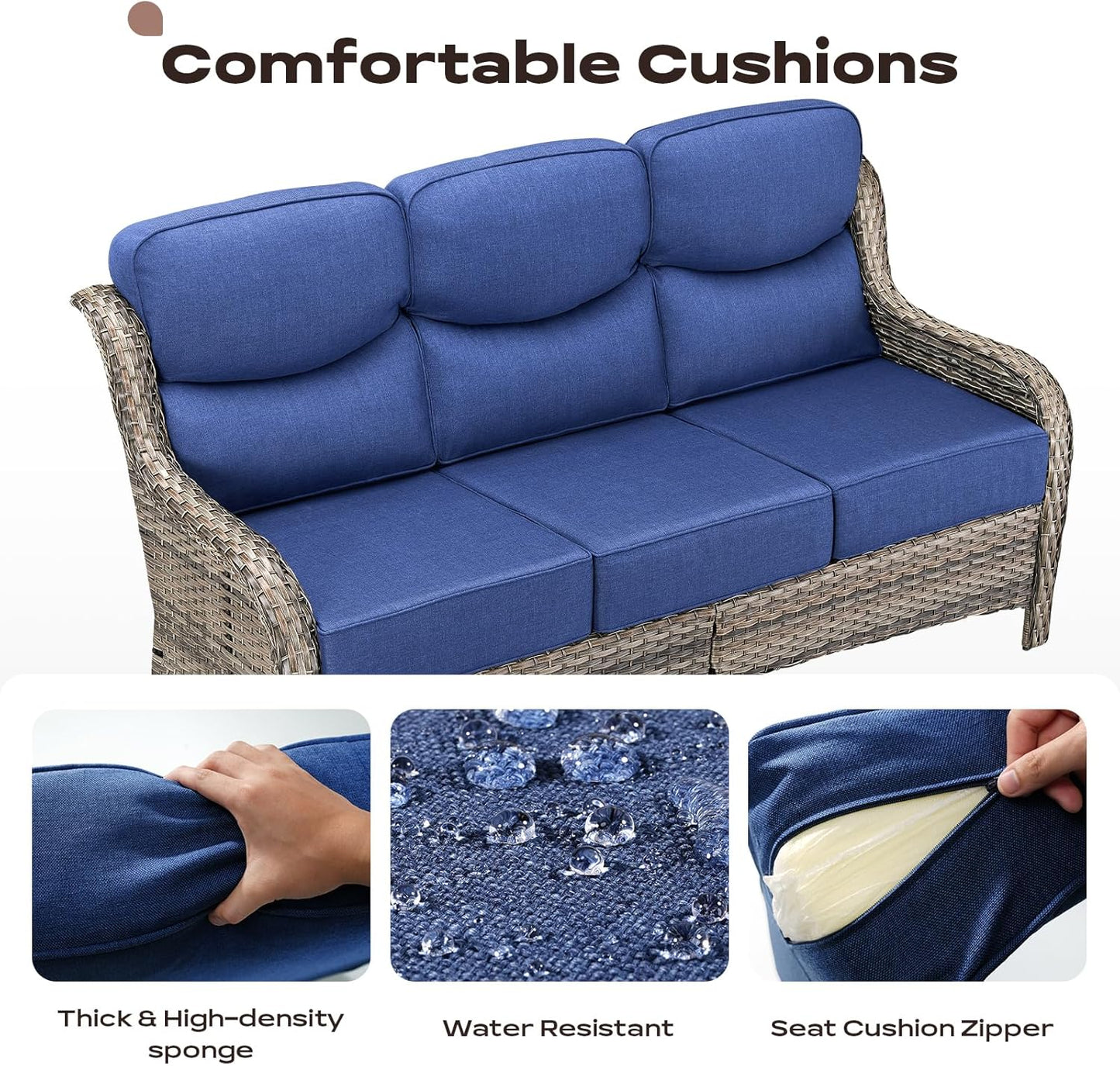 Wicker Outdoor Patio Furniture Set - 7 Piece Patio Conversation Sets with Swivel Rocker Chairs, Ottomans and Sofa, 6 inch Cushions, Waterproof Wicker, for Porch Deck Mixed Grey/Blue