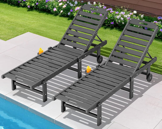 SERWALL Patio Lounge Chairs Set of 2, HDPE Outdoor Chaise Lounge with Cup Holder, 5 Positions Adjustable Pool Lounge Chair with Rolling Wheels for Poolside, Deck, Sunbathing, Grey
