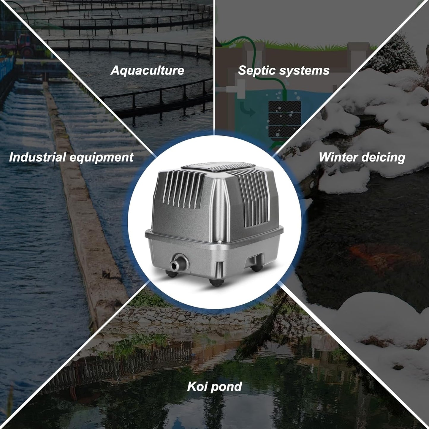 Pond Aeration Kit|Linear Aeration Pump Kit| Koi Pond Aerator | For Pond up to 5000 Gallons 1.06CFM 4.35PSI 18W| Includes One 20ft Rubber Airlines and Diffusers