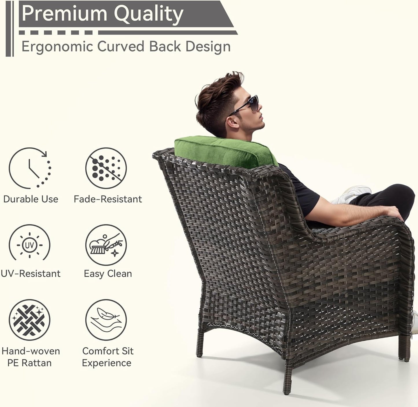 5 Pieces Patio Conversation Set, Wicker Chairs Set of 2 and Two Ottomans with 3.5-inch Seat Cushions, 1 Side Table High Back and Curved Armrest for Backyard, Balcony and Deck, Green