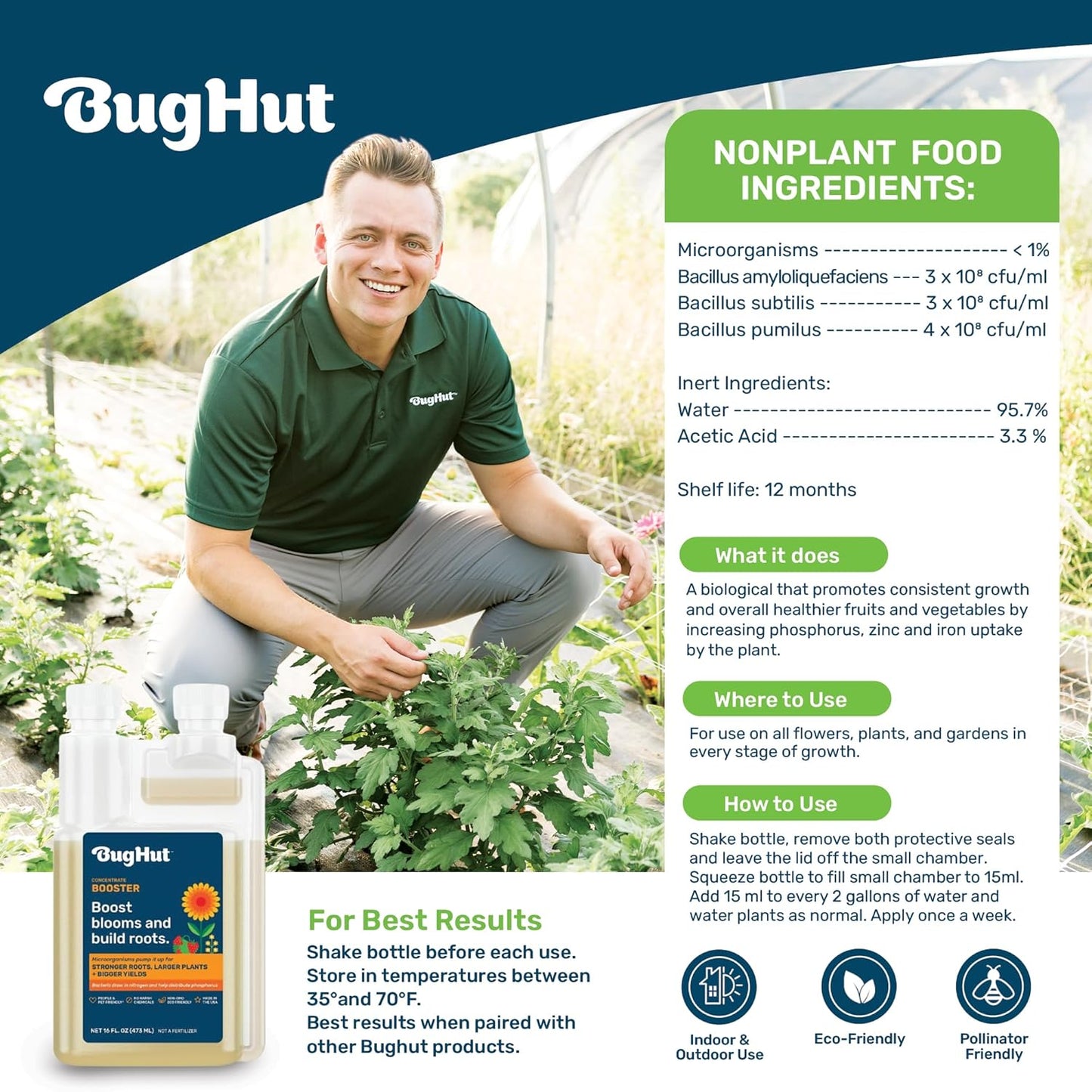 Booster Liquid Plant Food - Formula for Strong Roots, Vibrant Blooms, and Healthy Growth - Ideal for Indoor & Outdoor Gardening - People, Pets & Pollinator Friendly - 16 fl oz, Makes 63 Gallons