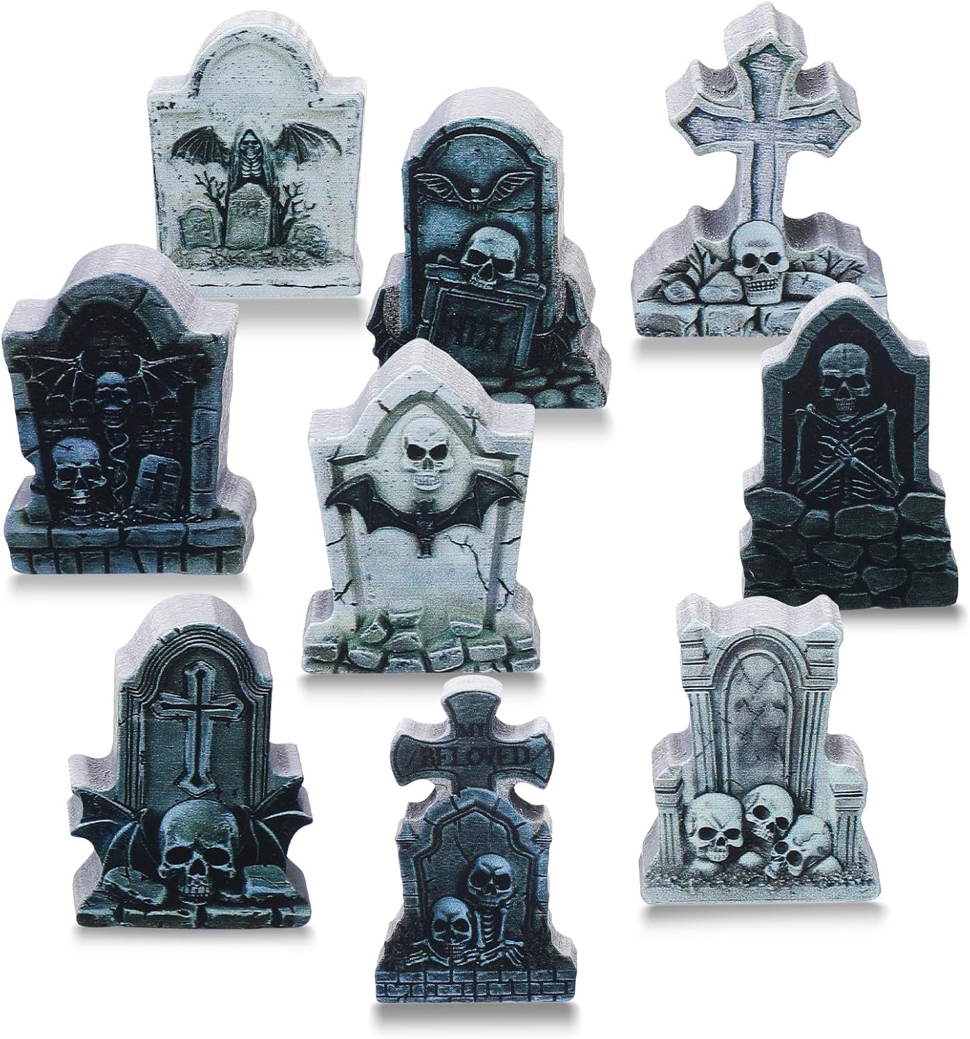Kathfly 9 Pieces Halloween Miniature Tombstones Mini Village Tombstones Halloween Figurines Miniature Spooky Town for DIY Crafts Outdoor Home Garden Decor(Double Color Style)