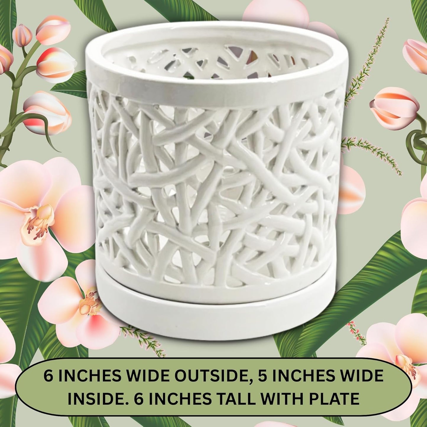Large Ceramic Orchid Pot with Holes, 6 Inches Wide, for Indoors or Outdoors with Woven String Cut Out Design, Orchid Planters