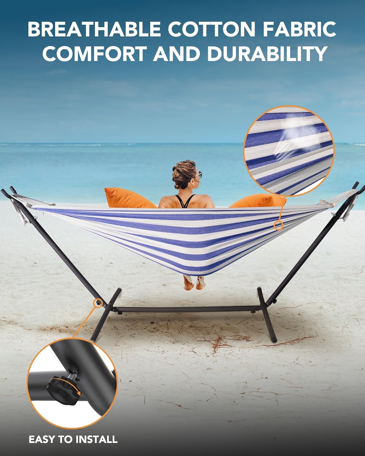 Double Hammock with Heavy-Duty Steel Stand,Portable,Easy Assembly,600lbs Weight Capacity,Perfect for Indoor,Yard,Camping,or Outdoor-BlueWhite
