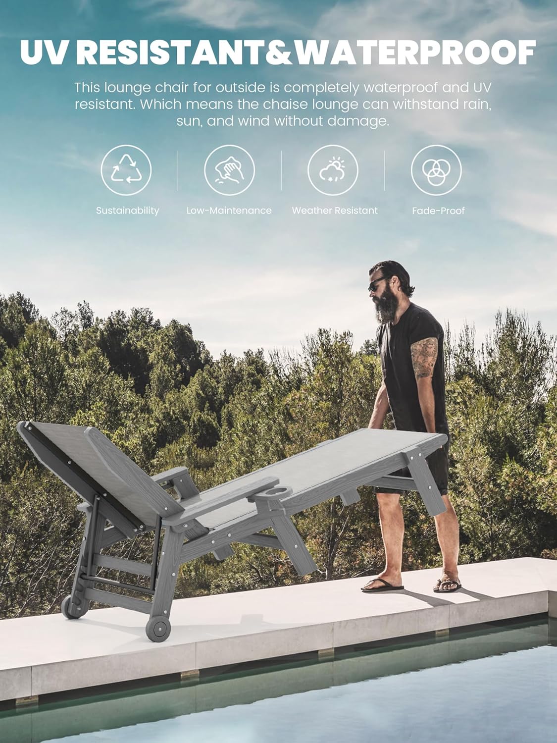 SERWALL Textilene Patio Chaise Lounge Chair Set of 2, 5 Positions Outdoor Lounge Chair with Rolling Wheels for Pool, Deck, Grey