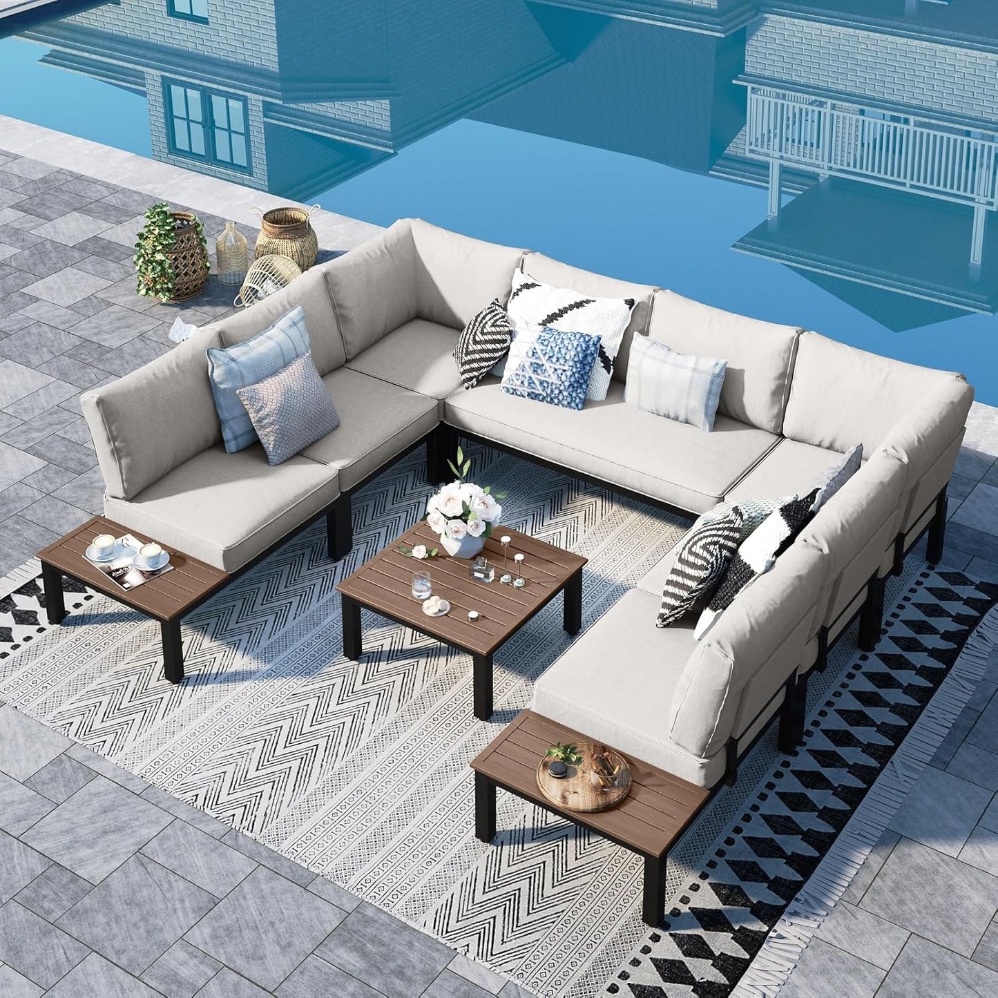 Sophia & William Outdoor Sectional Sofa, 9 Piece Metal Patio Furniture Set, Modular Patio Conversation Set-2 x Single Sofa with Side Table, 4 x Single Chairs, 1 x Loveseat, 1 x Tea Table
