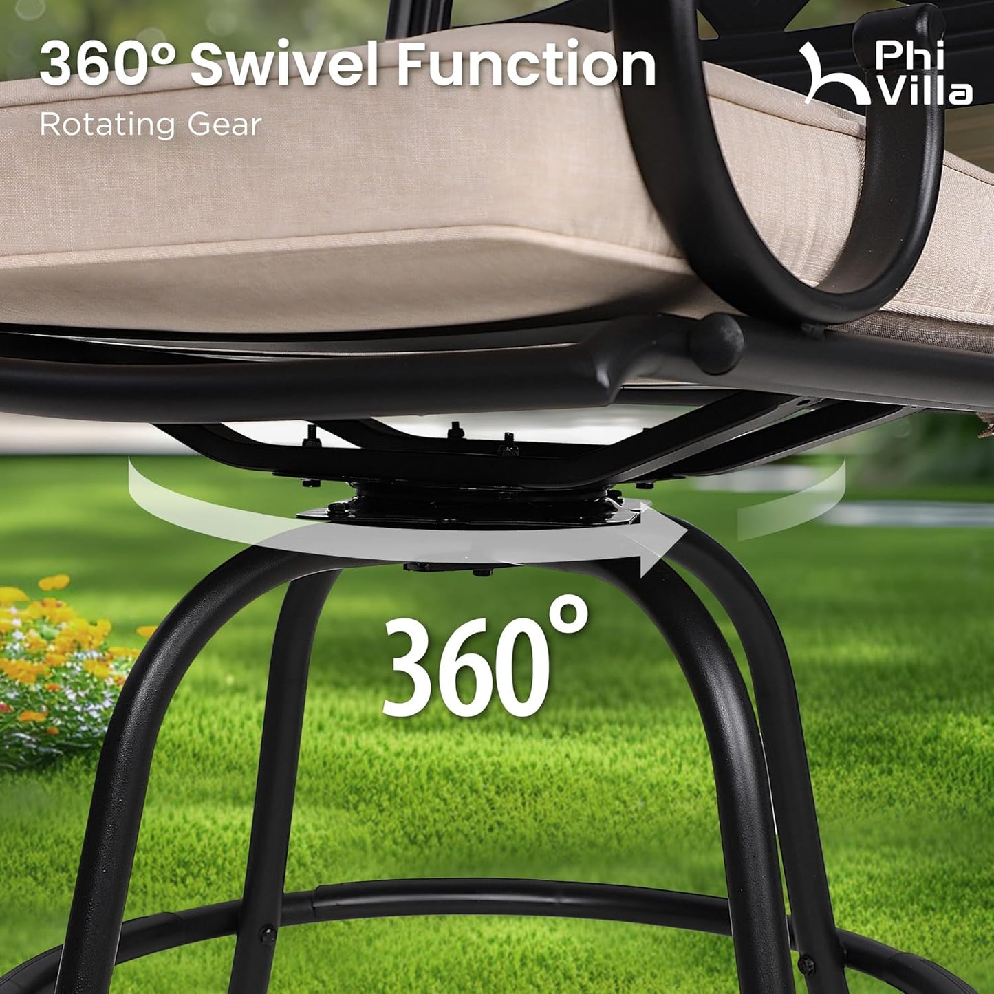 PHI VILLA Outdoor Swivel Bar Stools Set of 8，Patio Counter Height Bar Chairs with Back and Armrest，Metal,Black