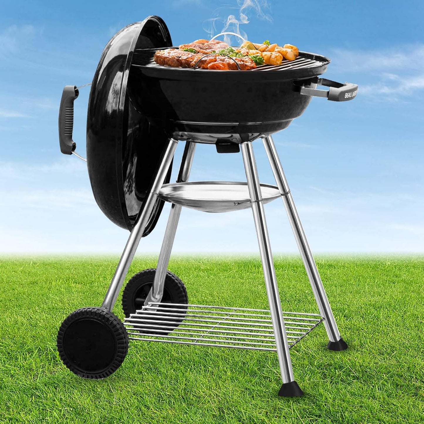 BEAU JARDIN Charcoal Grill 18 Inch for Outdoor Cooking BBQ Barbecue Coal Kettle Bowl Grill Portable Heavy Duty Round with Wheels Grilling for Tailgating Patio Backyard Camping Black BG4691