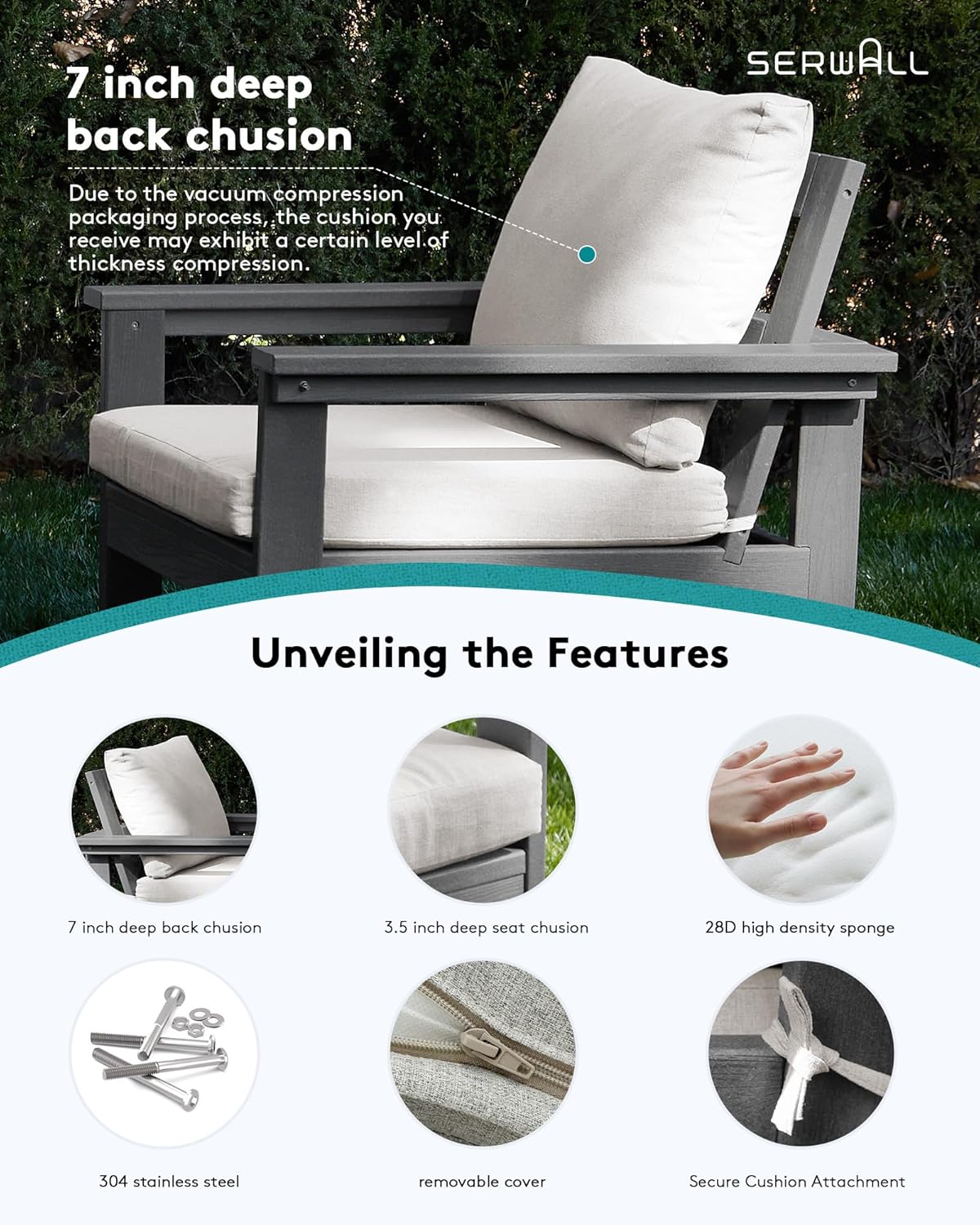 SERWALL Outdoor Patio Sofa Set, 2-Piece HDPE Single Seat Outdoor Sofa Chair with Padded Cushions, Gray Frame with Beige Cushion