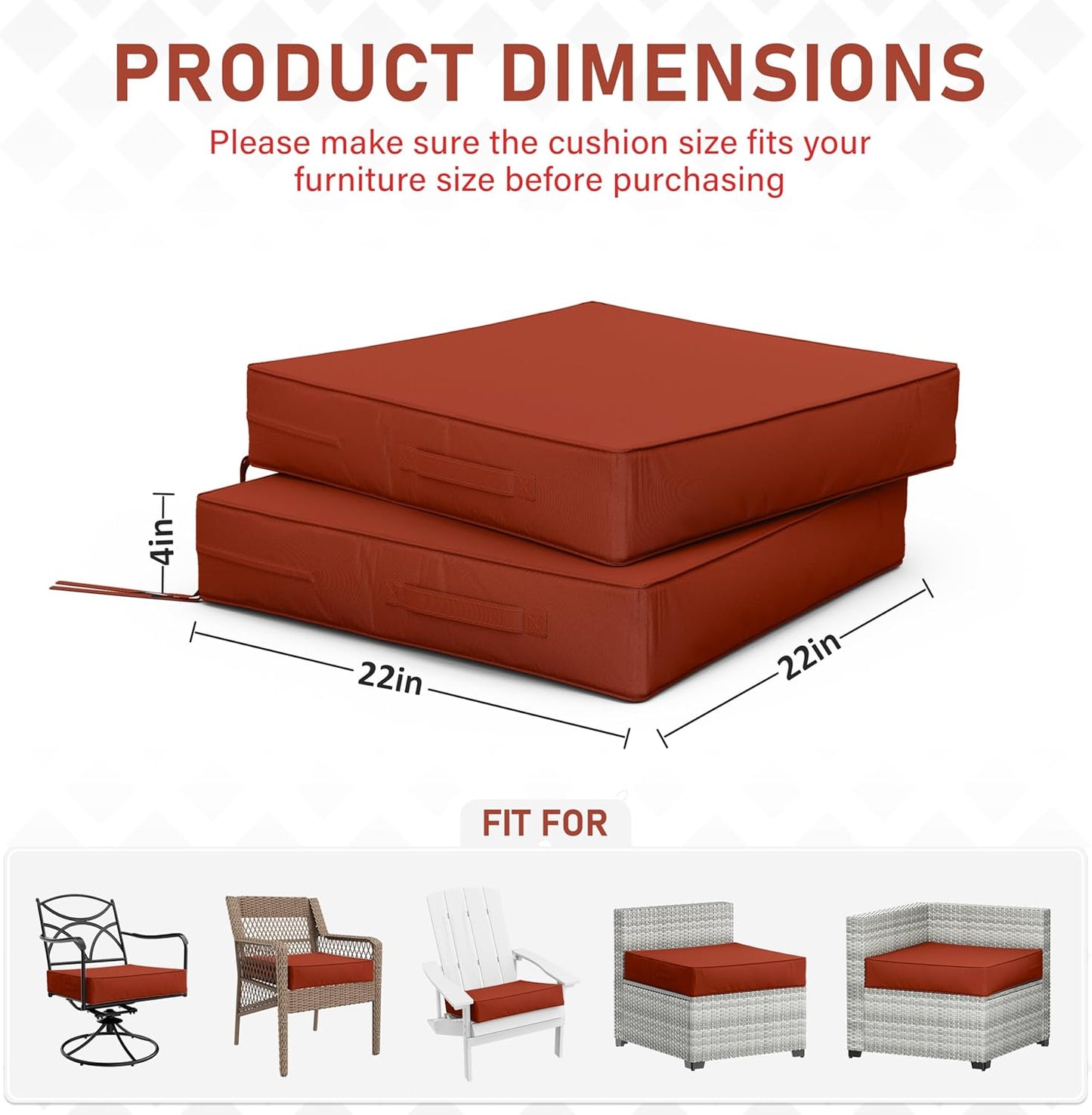 Patio Chair Cushions 22 X 22 X 4 Inch Waterproof Outdoor Seat Cushions for Patio Furniture, Outdoor Sofa Couch Pads with Ties & Handle, Set of 2, Terra Red
