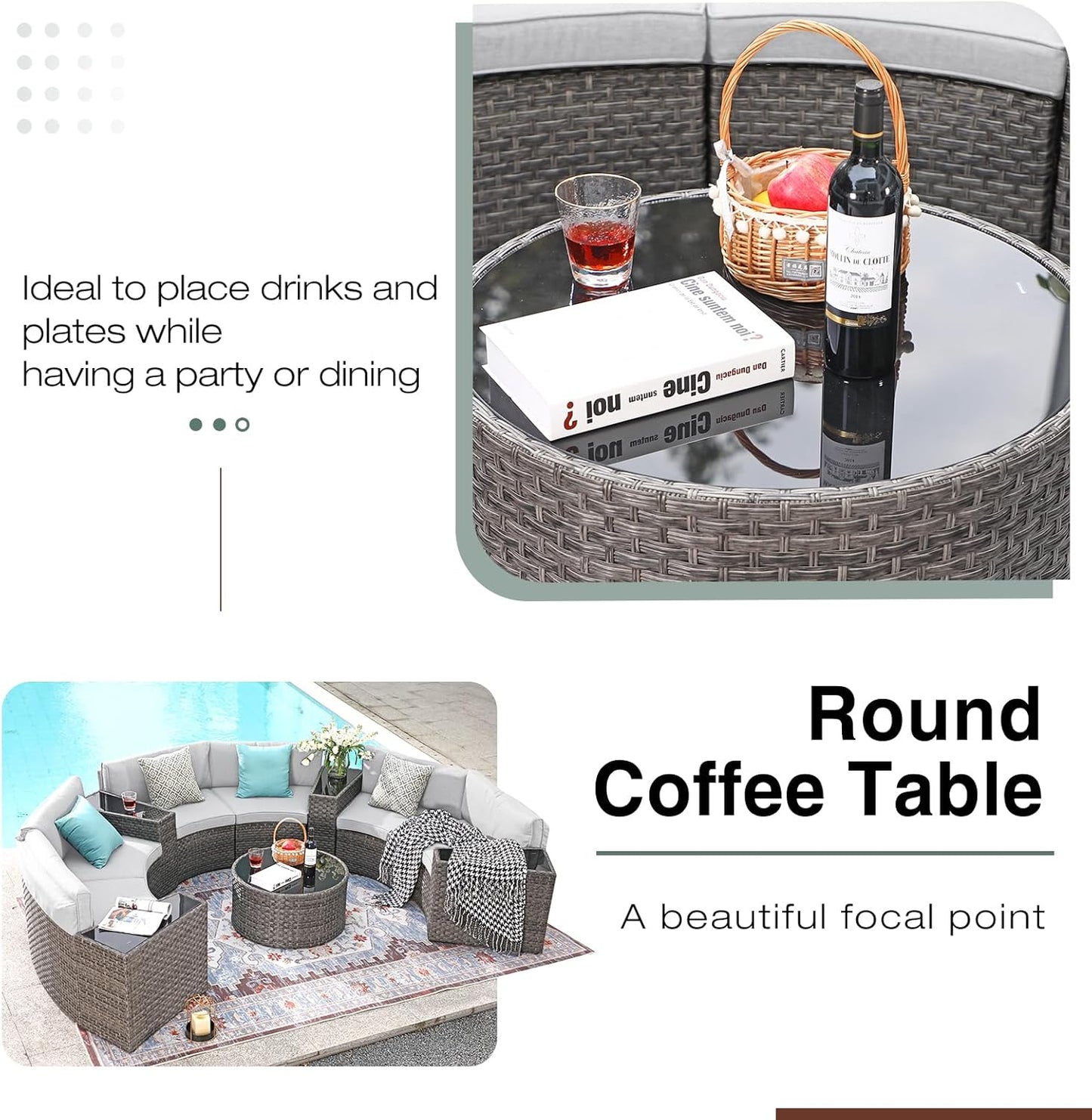 SUNSITT Outdoor Patio Furniture 11-Piece Half-Moon Sectional Round Patio Furniture Set Curved Outdoor Sofa with Tempered Glass Round Coffee Table, 4 Pillows, Grey Rattan & Light Grey Cushion