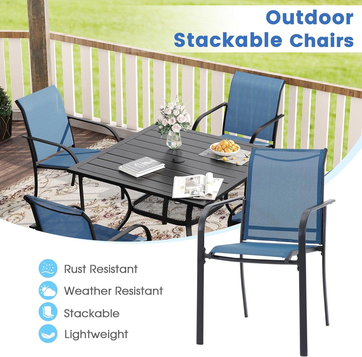 VICLLAX 7 Pieces Patio Dining Set, Outdoor Furniture Set Includes 47.2" Round Patio Table and 6 Patio Sling Chairs, Black Tabletop and Blue Fabric