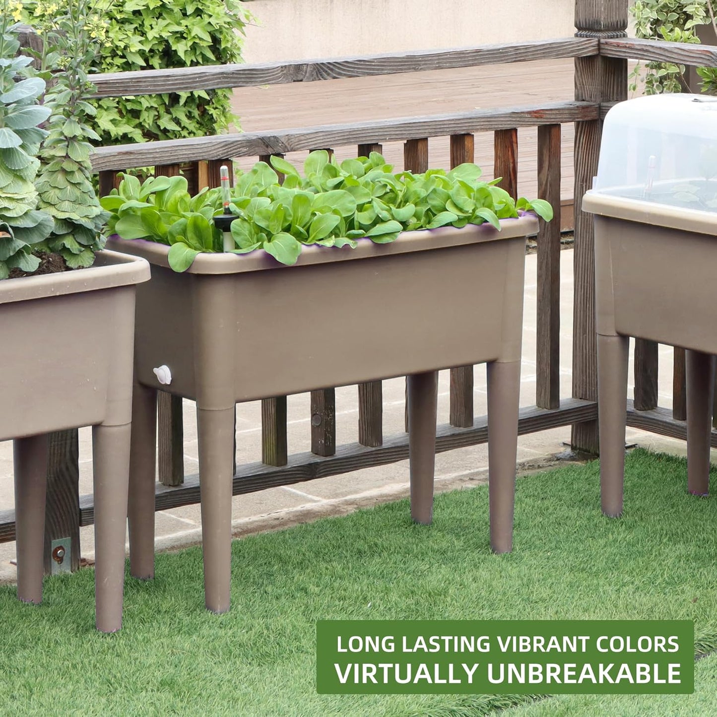 Dexceder 13.2 Gallon Self Watering Raised Garden Bed with Ventilation Transparent Lid Greenhouse, Deepen Vegetable Flower Box Planter Pot with Removeble Legs&Water Level Indicator (Light Brown)